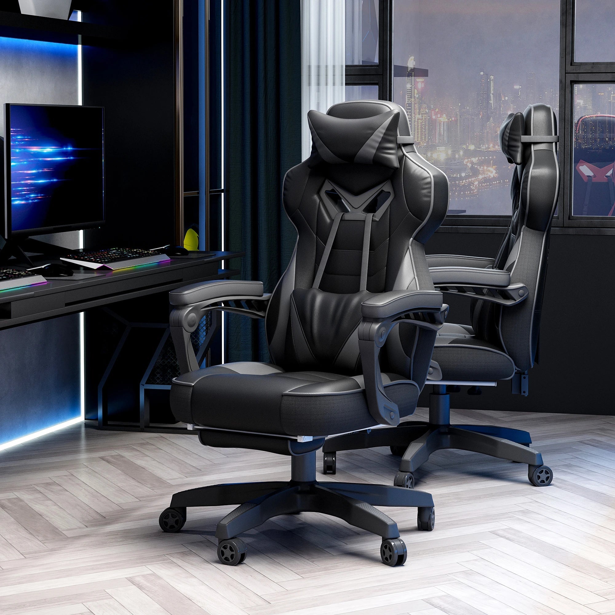 Computer Gaming Chair, Racing Desk Chair with Lumbar Support and Footrest, PU Leather Gamer Chair with Headrest and Swivel Wheels for Home, Grey Bargain Clearance Centre