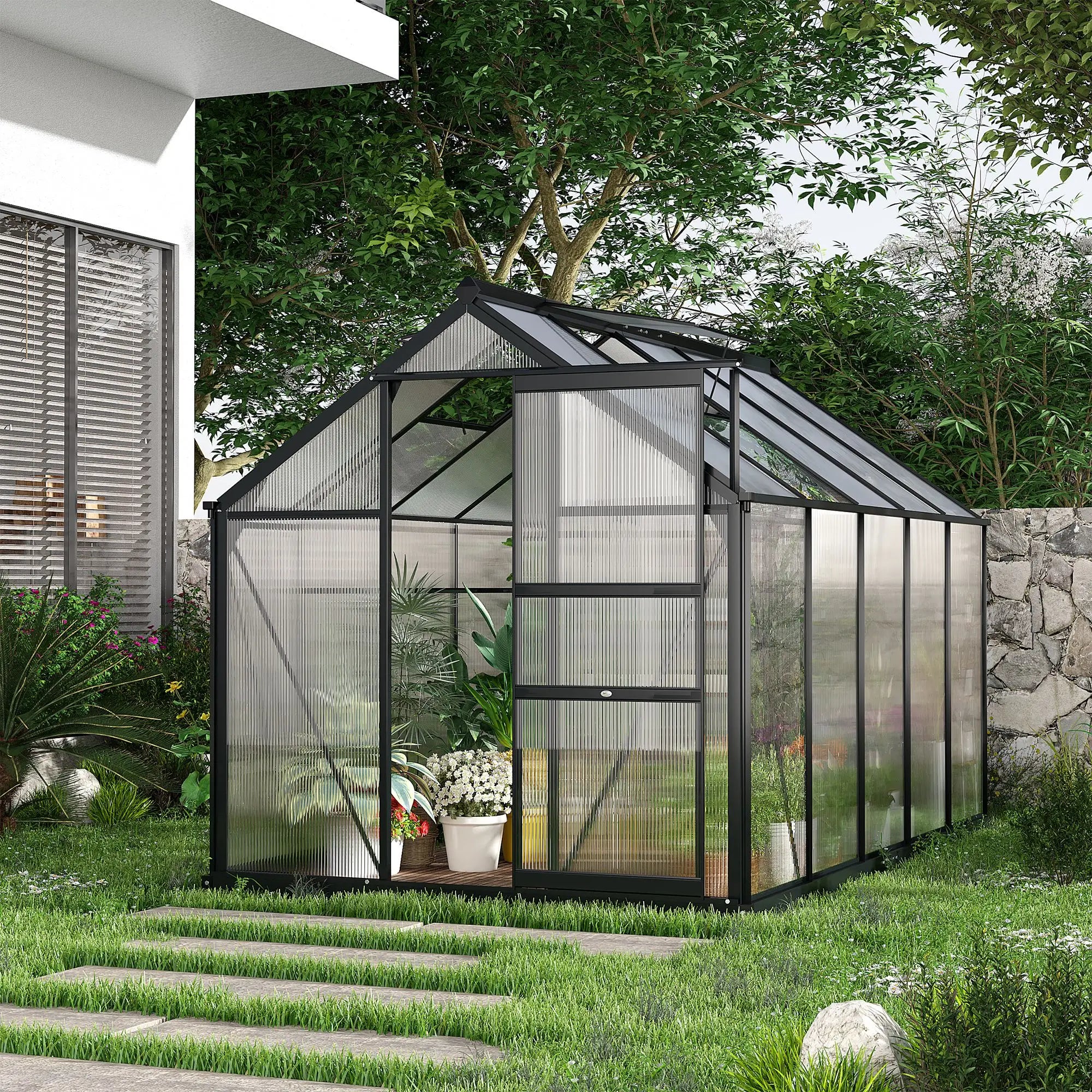 6 x 10ft Polycarbonate Greenhouse, Large Walk-In Green House with Slide Door and Window, Garden Plants Grow House with Aluminium Frame and Foundation, Grey