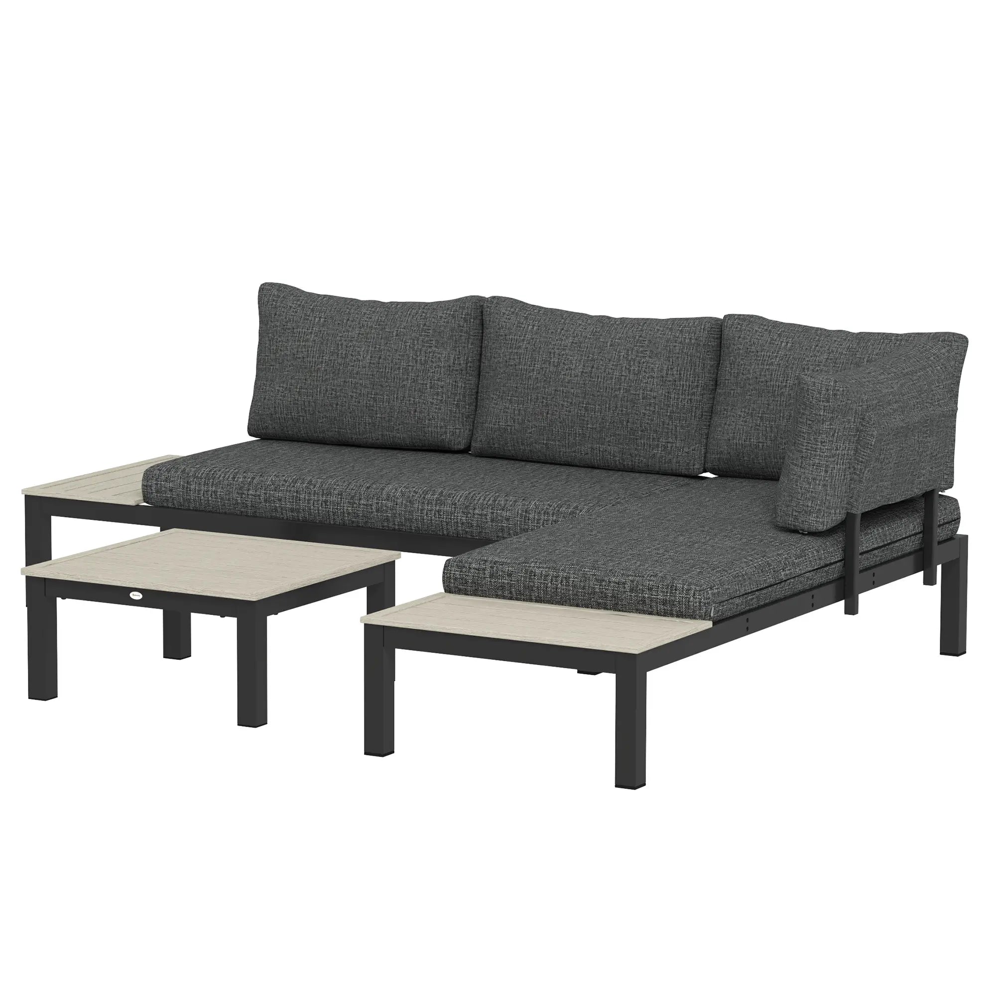 3 Pieces Garden Furniture Set, Aluminium 4 Seater Corner Sofa Set with 2 Loveseats, Coffee Table and Side Trays, Outdoor Conversation Furniture with Cushions for Garden, Dark Grey