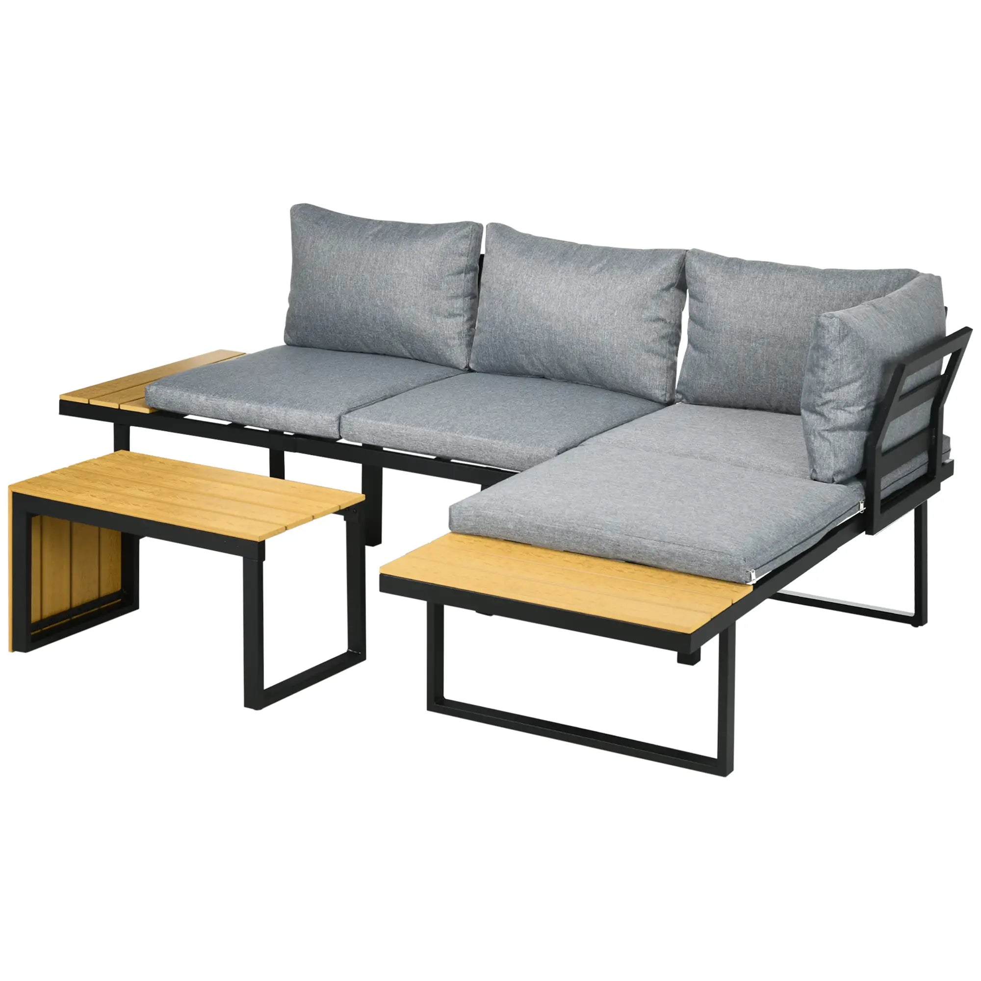 3 Pieces Patio Furniture Set, Outdoor Garden Sofa Conversation Set w/ Padded Cushions, Wood Grain Plastic Top Table and Side Panel, Dark Grey