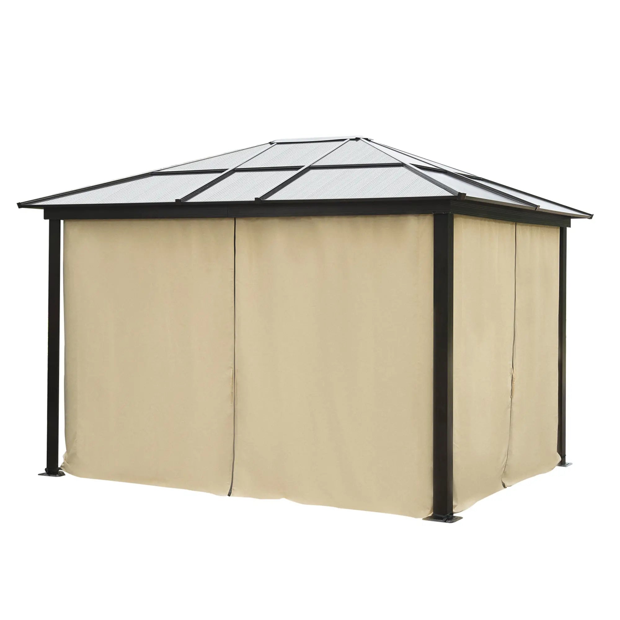 3 x 3.6(m) Hardtop Gazebo Canopy with Polycarbonate Roof and Aluminium Frame, Garden Pavilion with Mosquito Netting and Curtains, Brown