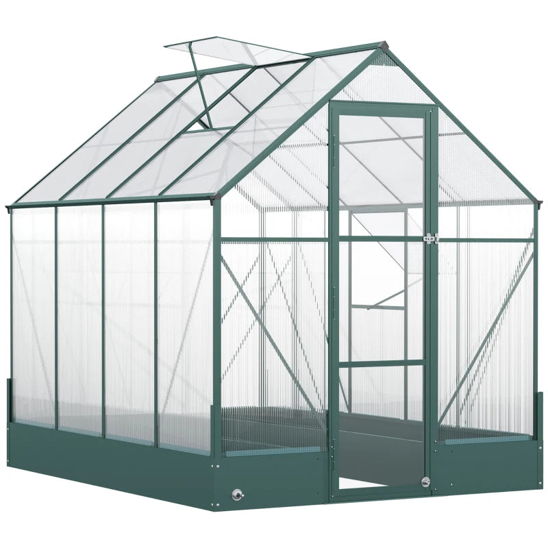 6x8 FT Polycarbonate Greenhouse with Base and Raised Bed, Walk-in Greenhouse with Aluminium Frame, Temperature Controlled Window, Foundation for Plants, Flowers, Vegetable