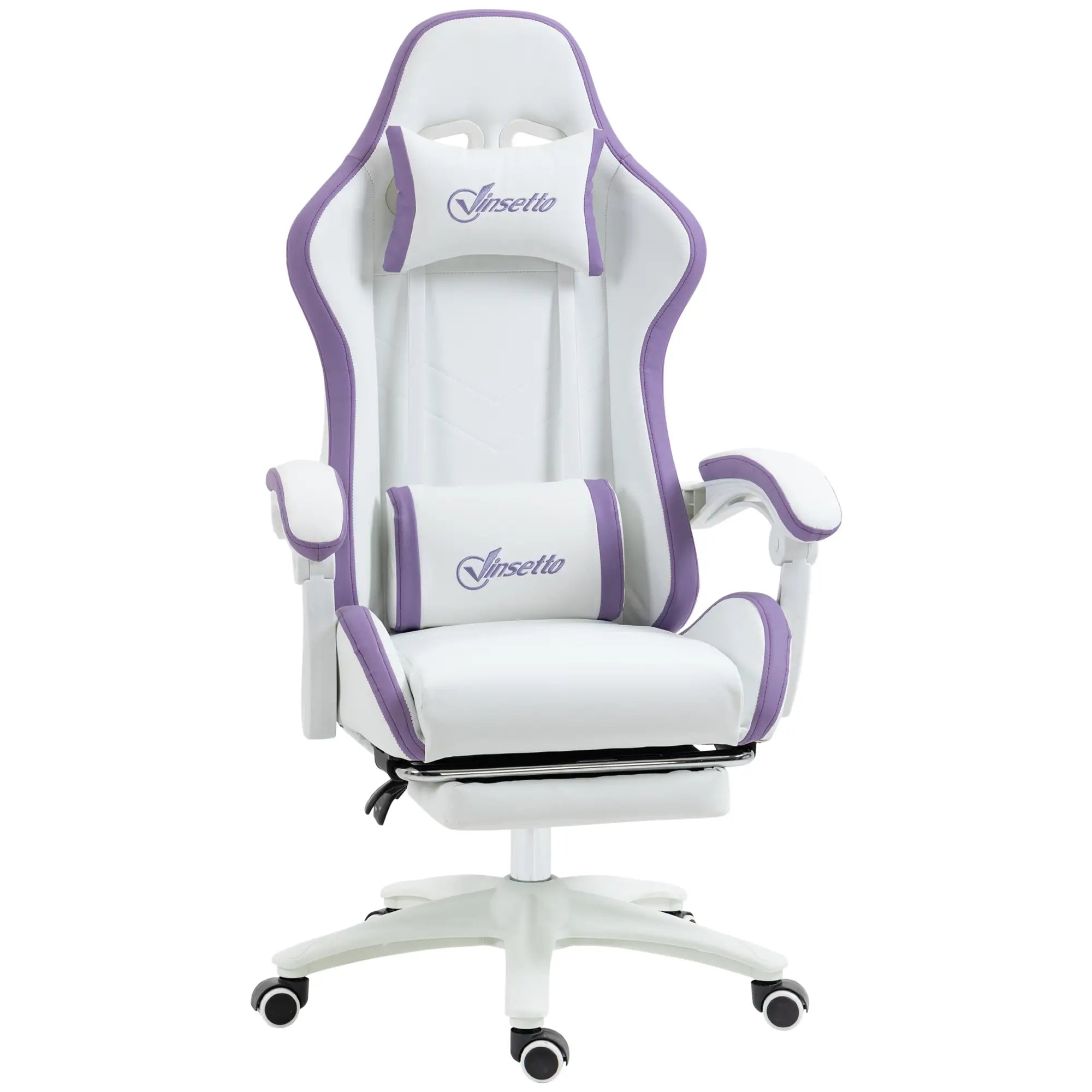 Computer Gaming Chair, PU Leather Desk Chair with Footrest, Swivel Task Chair with 135° Reclining Back and Lumbar Support, PC Chair for Adults, White and Purple Bargain Clearance Centre