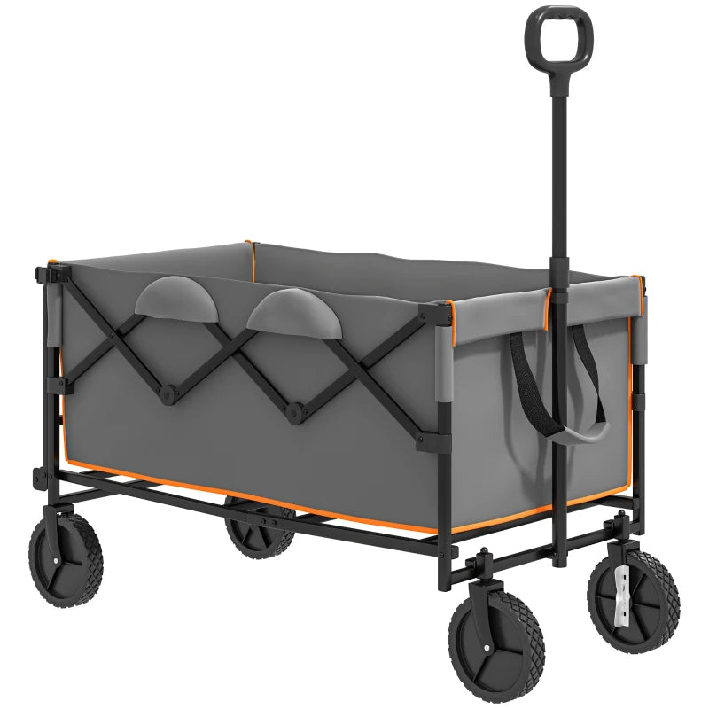 160L Festival Trolley on Wheels, Folding Camping Trolley Cart w/ Tailgate, 100kg Heavy Duty Garden Collapsible Folding Wagon w/Adjustable Handle, Carry Bag for Beach Picnic, Grey and Orange