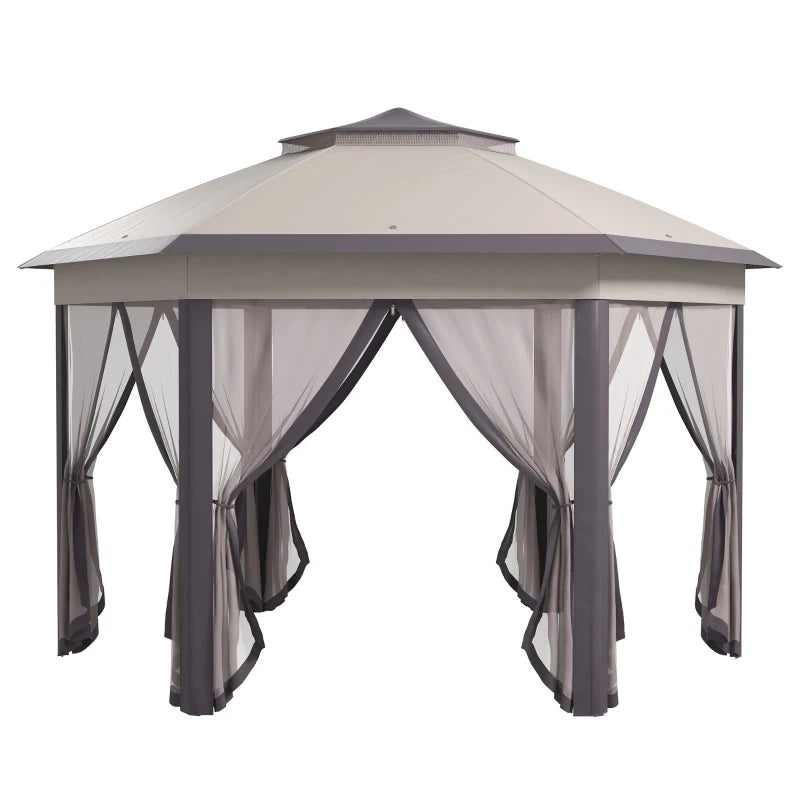 3 x 4m Garden Gazebo Hexagon Pop Up Gazebo Party Tent Canopy Double Roof Instant Shelter with Netting and Carry Bag for Outdoor Patio, Beige