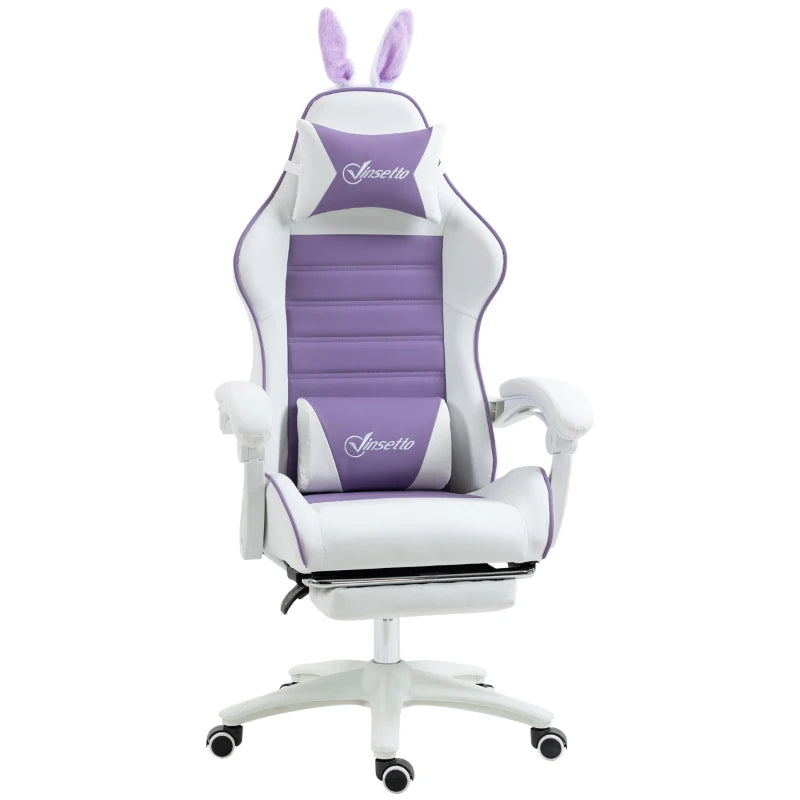 Racing Gaming Chair, Reclining PU Leather Computer Chair with Removable Rabbit Ears, Footrest, Headrest and Lumber Support, Purple Bargain Clearance Centre