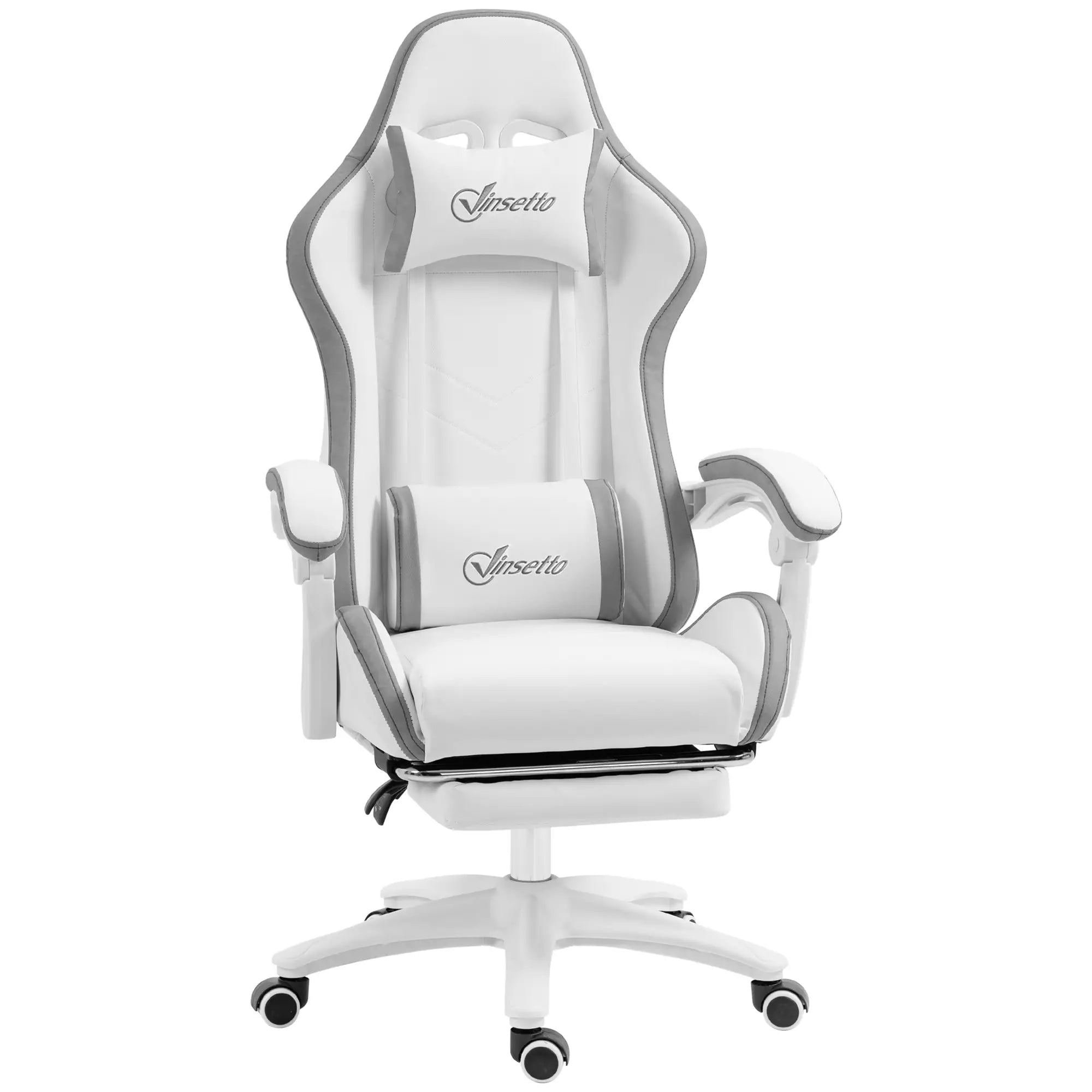 Computer Gaming Chair, PU Leather Desk Chair with Footrest, Swivel Task Chair with 135° Reclining Back and Lumbar Support, PC Chair for Adults, White and Grey Bargain Clearance Centre