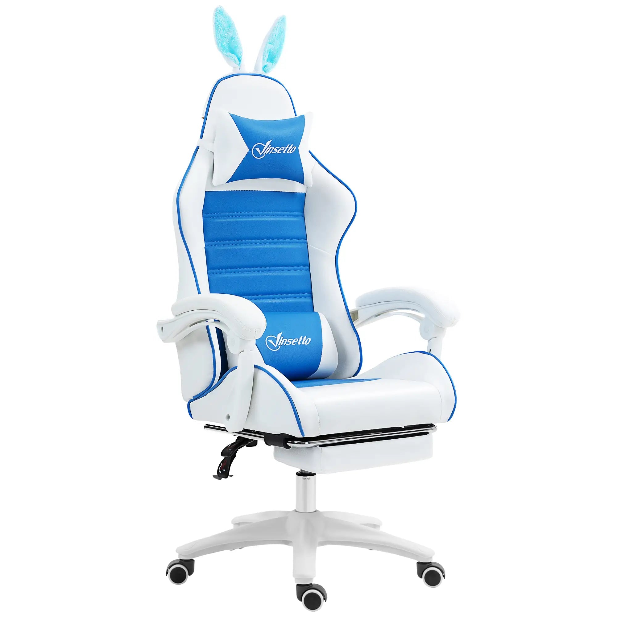Racing Gaming Chair, Reclining PU Leather Computer Chair with Removable Rabbit Ears, Footrest and Lumber Support, Blue Bargain Clearance Centre