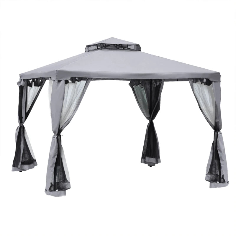 3 x 3 m Metal Gazebo, Garden Pavillion, Double Roof Outdoor Canopy Shelter with Mesh Sidewalls, Grey