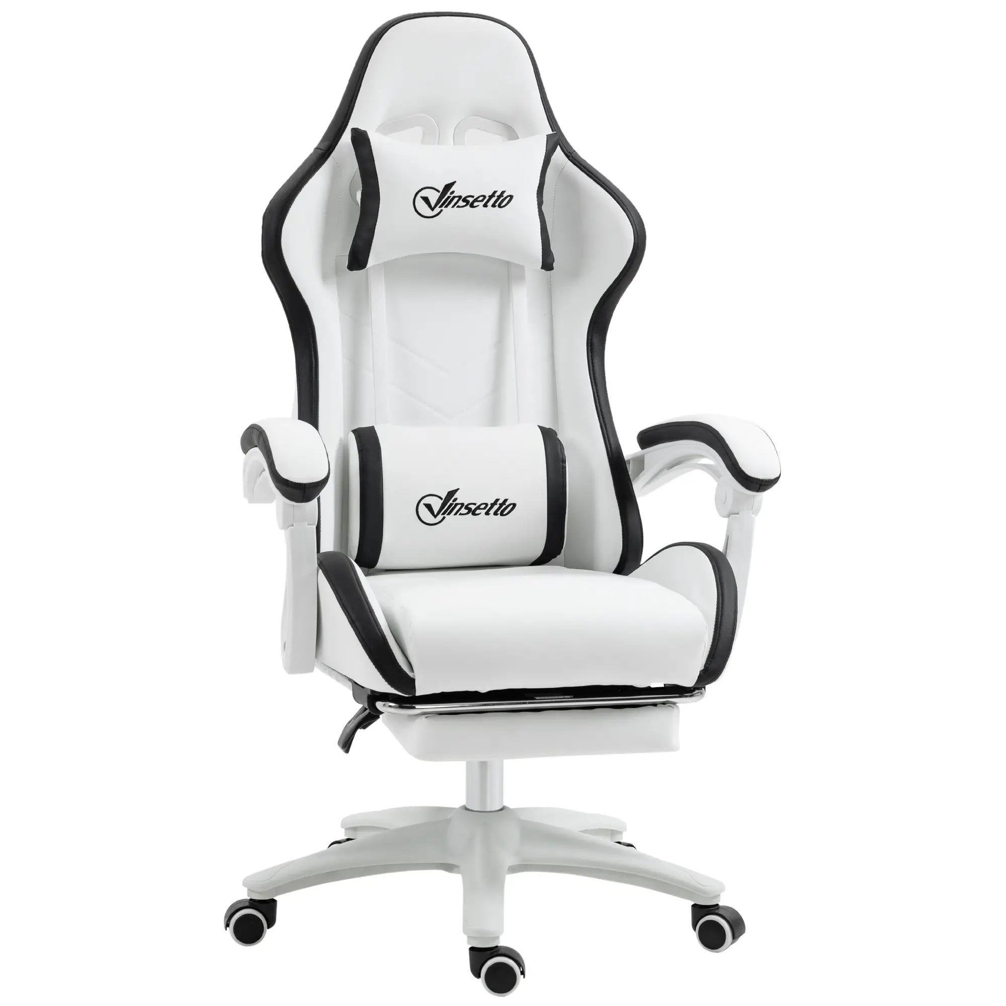 Computer Gaming Chair, PU Leather Desk Chair with Footrest, Swivel Task Chair with 135° Reclining Back and Lumbar Support, PC Chair for Adults, White and Black Bargain Clearance Centre