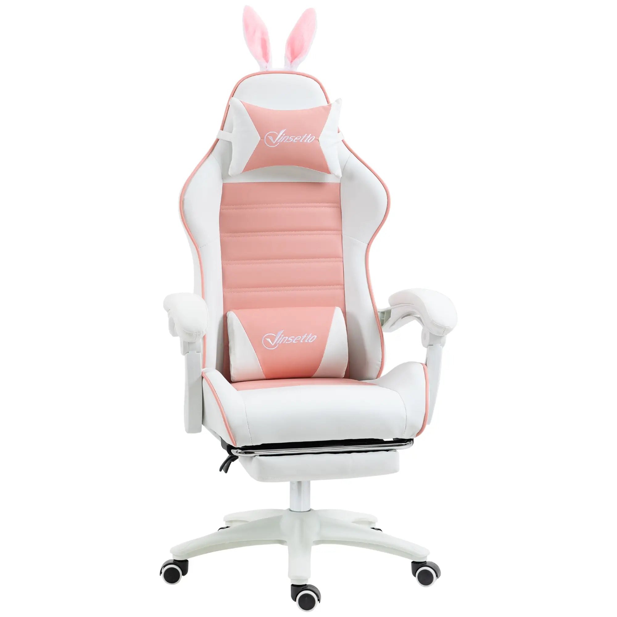 Racing Gaming Chair, Reclining PU Leather Computer Chair with Removable Rabbit Ears, Footrest, Headrest and Lumber Support, Pink Bargain Clearance Centre