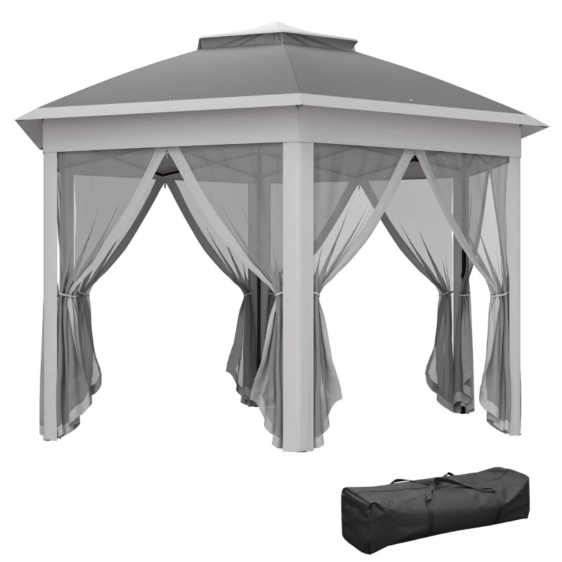 3 x 4m Garden Gazebo Hexagon Pop Up Gazebo Party Tent Canopy Double Roof Instant Shelter with Netting and Carry Bag for Outdoor Patio, Dark Grey