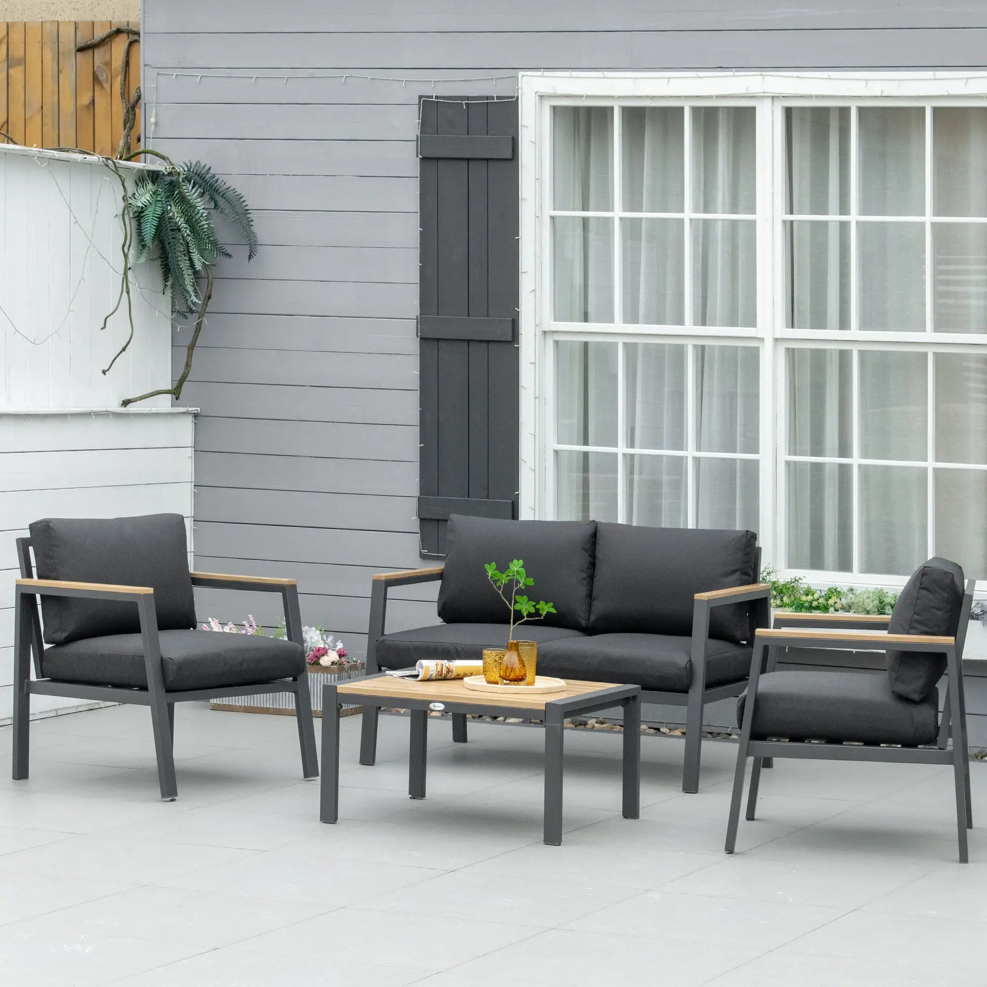 4 Piece Garden Sofa Set with Padded Cushions, 4-Seater Aluminium Outdoor Conversation Furniture Set with Coffee Table, Grey