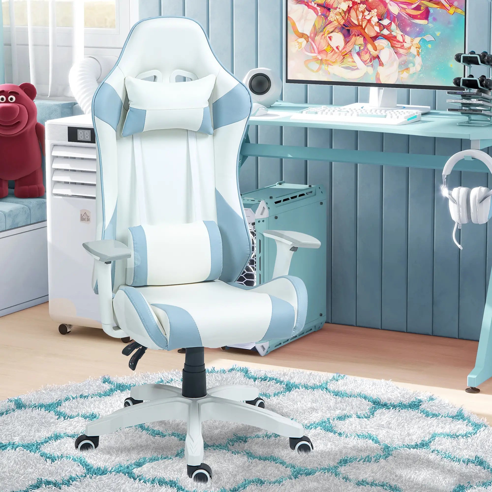 Faux Leather Colour Block Gaming Chair, with 135° Reclining Back - Blue/White Bargain Clearance Centre