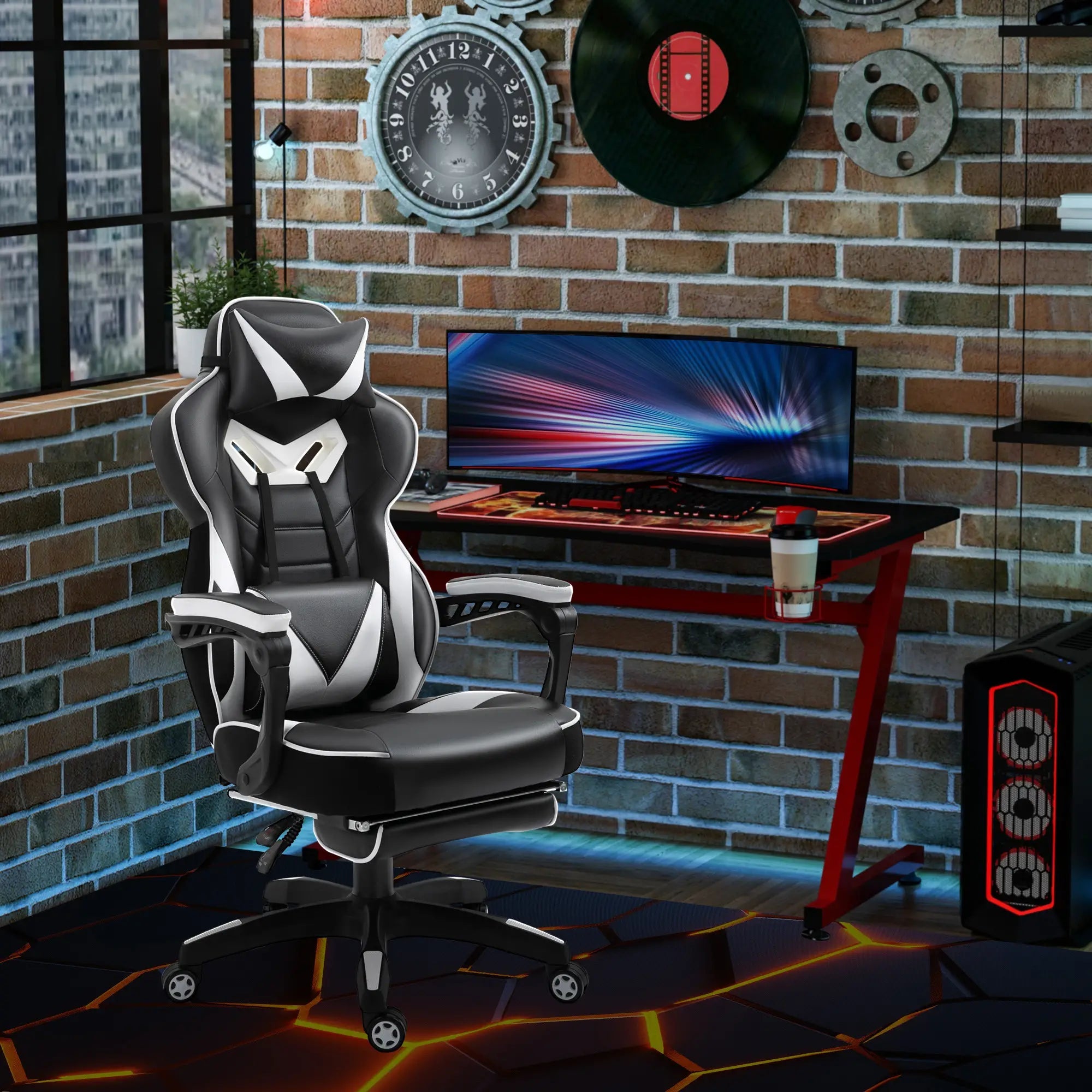 Computer Gaming Chair, Racing Desk Chair with Lumbar Support and Footrest, PU Leather Gamer Chair with Headrest and Swivel Wheels for Home, White Bargain Clearance Centre