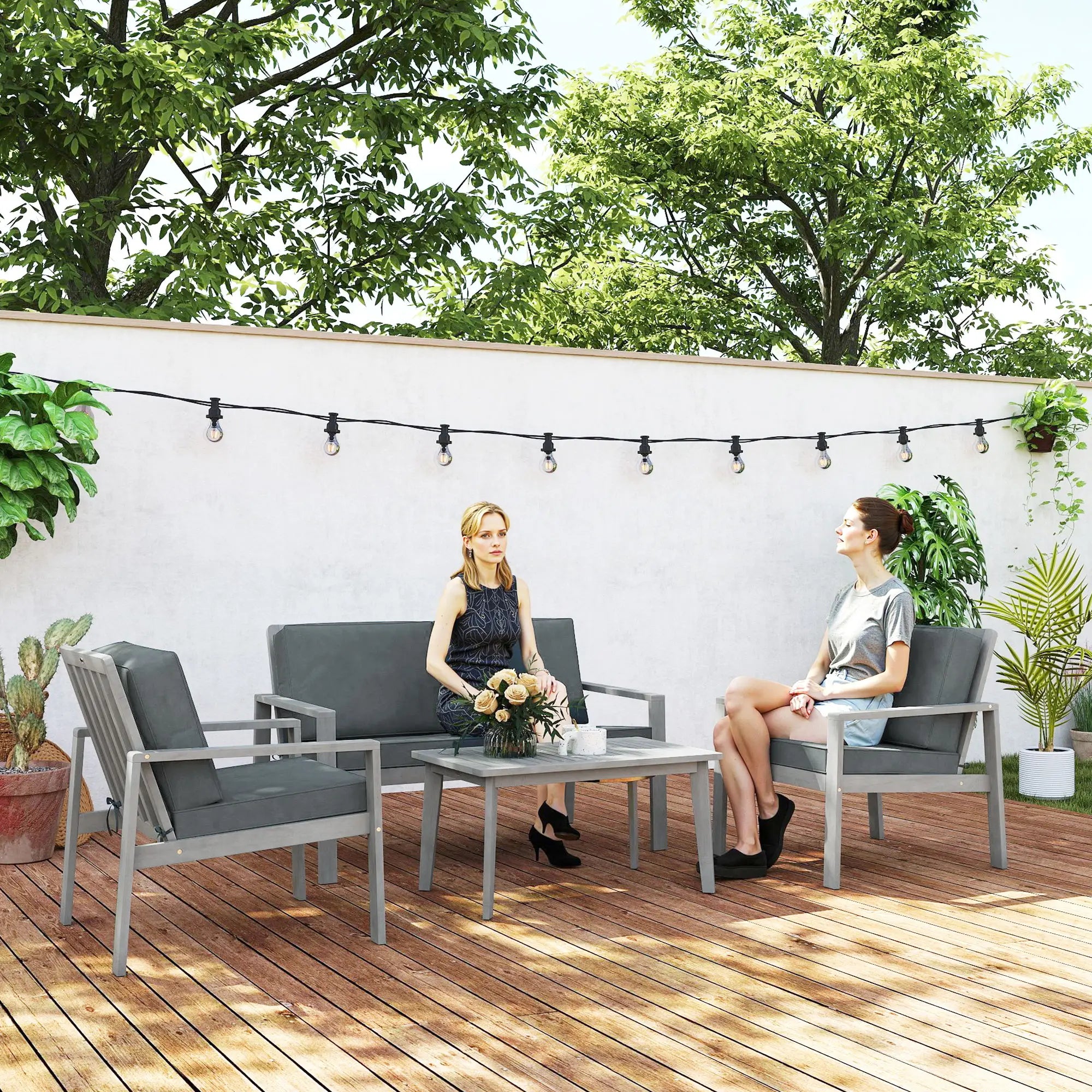 4-Piece Wooden Garden Furniture Set with Cushions - Light Grey