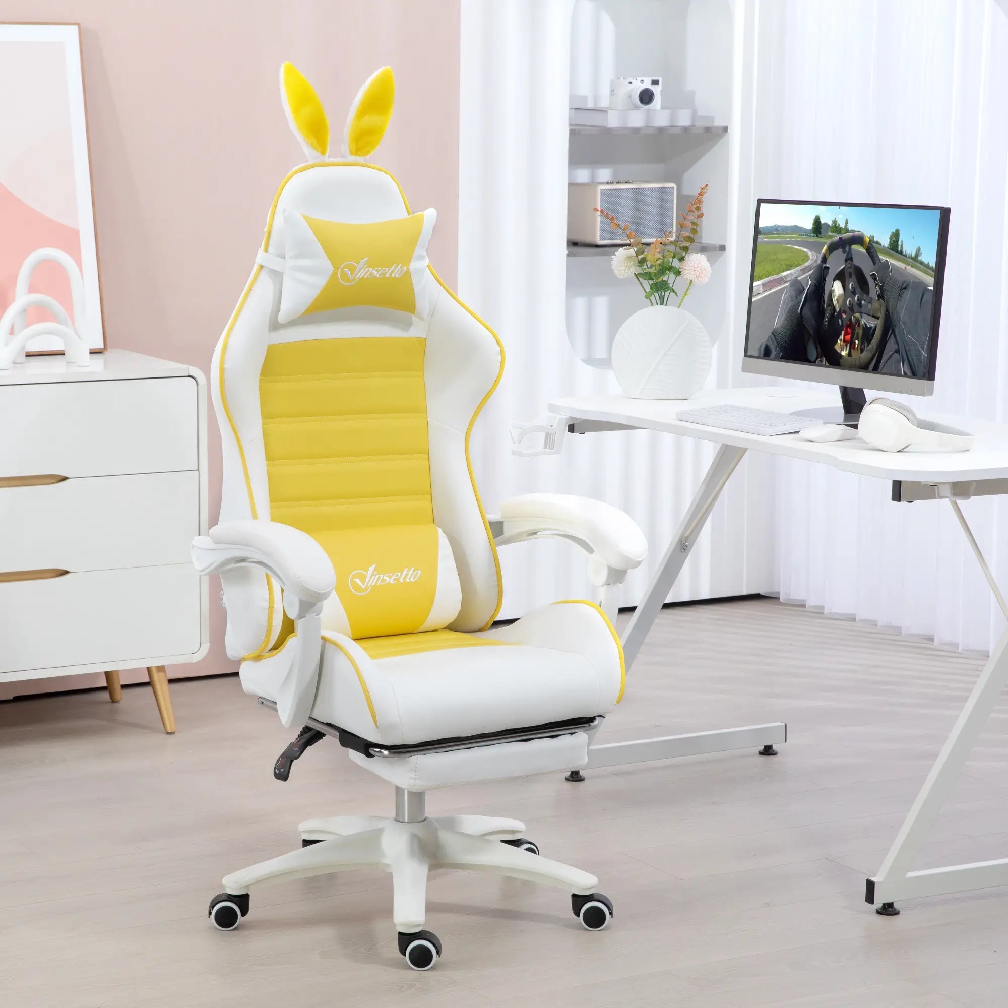 Racing Gaming Chair, Reclining PU Leather Computer Chair with Removable Rabbit Ears, Footrest, Headrest and Lumber Support, Yellow Bargain Clearance Centre