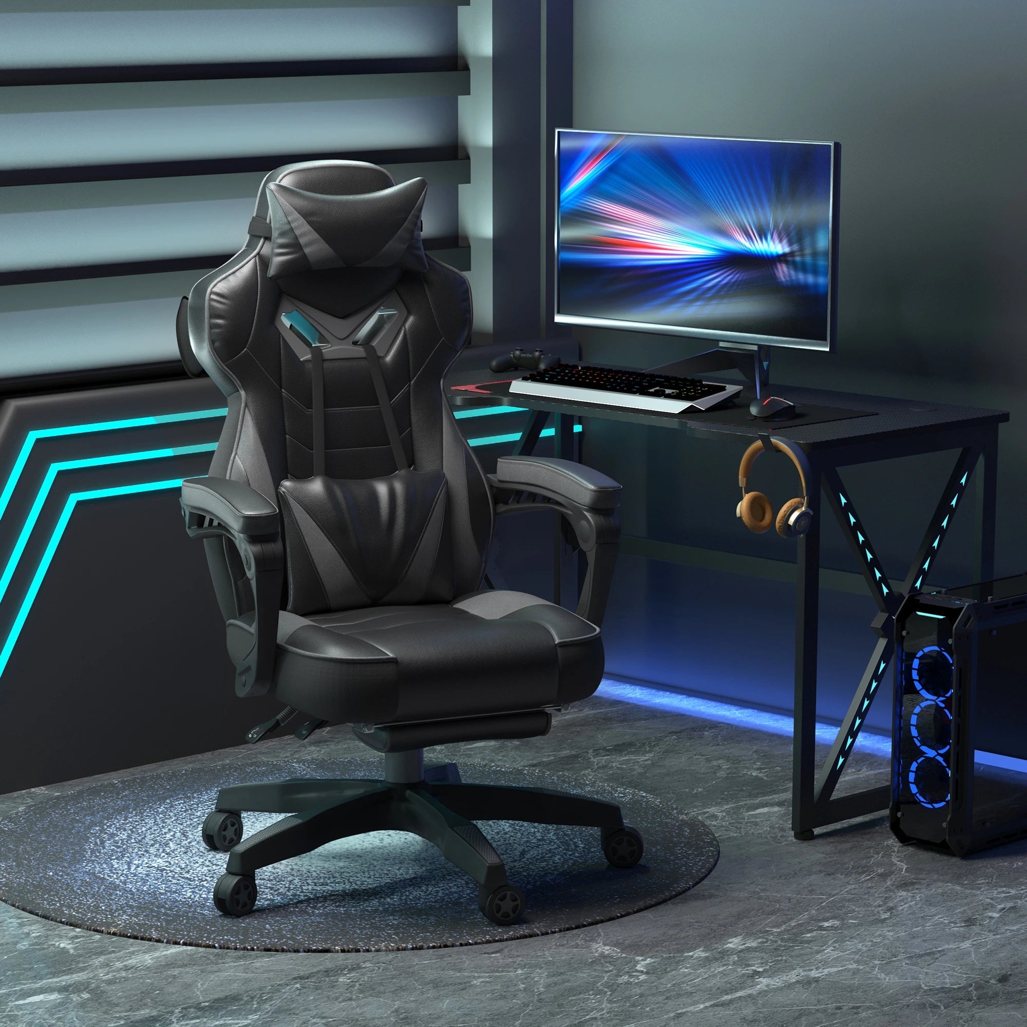 Computer Gaming Chair, Racing Desk Chair with Lumbar Support and Footrest, PU Leather Gamer Chair with Headrest and Swivel Wheels for Home, Grey Bargain Clearance Centre