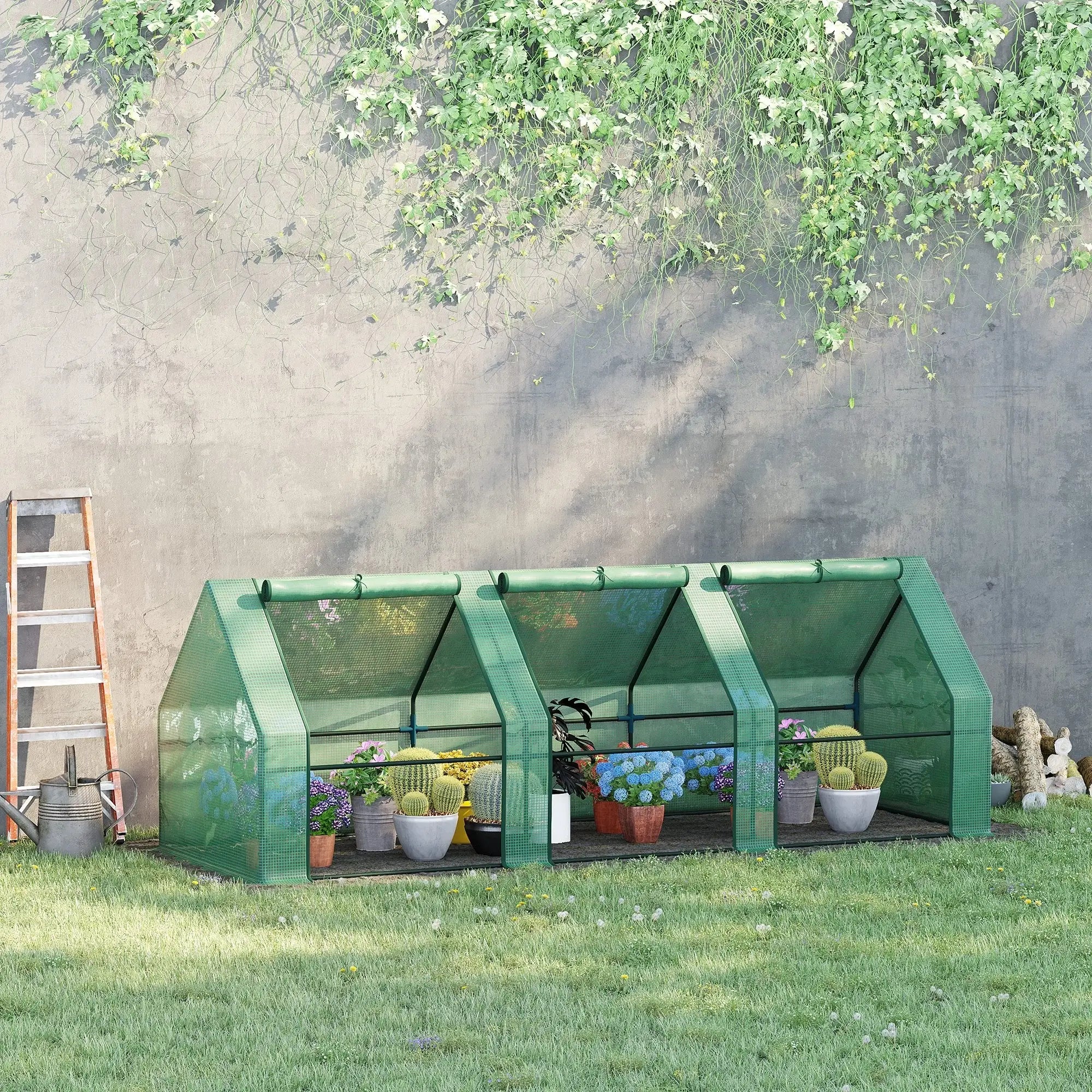 Mini Small Greenhouse with Steel Frame & PE Cover & Zipped Window Poly tunnel Steeple for Plants Vegetables, 270 x 90 x 90 cm, Green