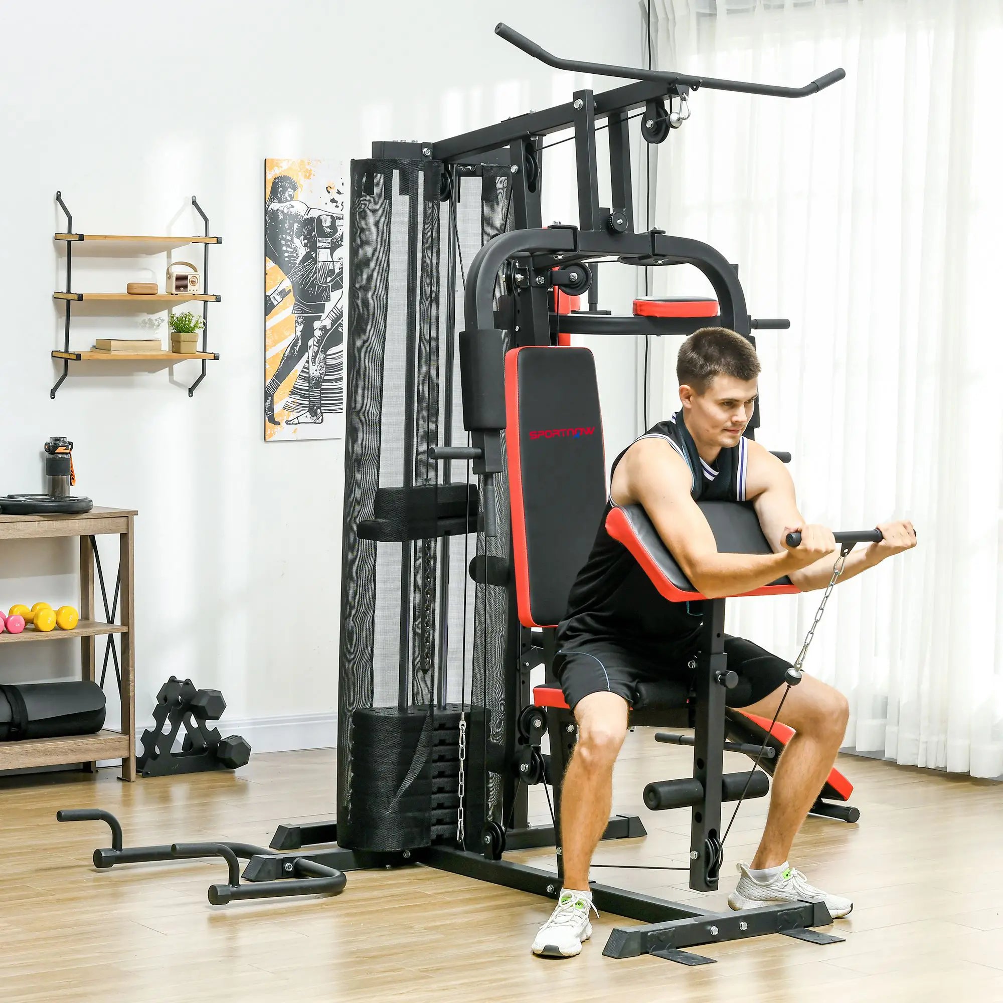 Multi Gym Workout Station, Weight Machine with 65kg Weight Stack, Sit Up Bench, Push Up Stand, Dip Station