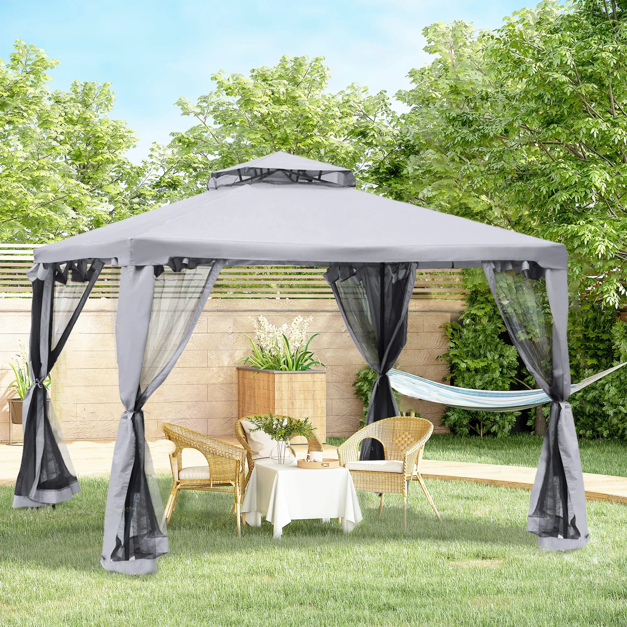 3 x 3 m Metal Gazebo, Garden Pavillion, Double Roof Outdoor Canopy Shelter with Mesh Sidewalls, Grey