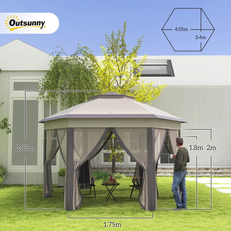 3 x 4m Garden Gazebo Hexagon Pop Up Gazebo Party Tent Canopy Double Roof Instant Shelter with Netting and Carry Bag for Outdoor Patio, Beige