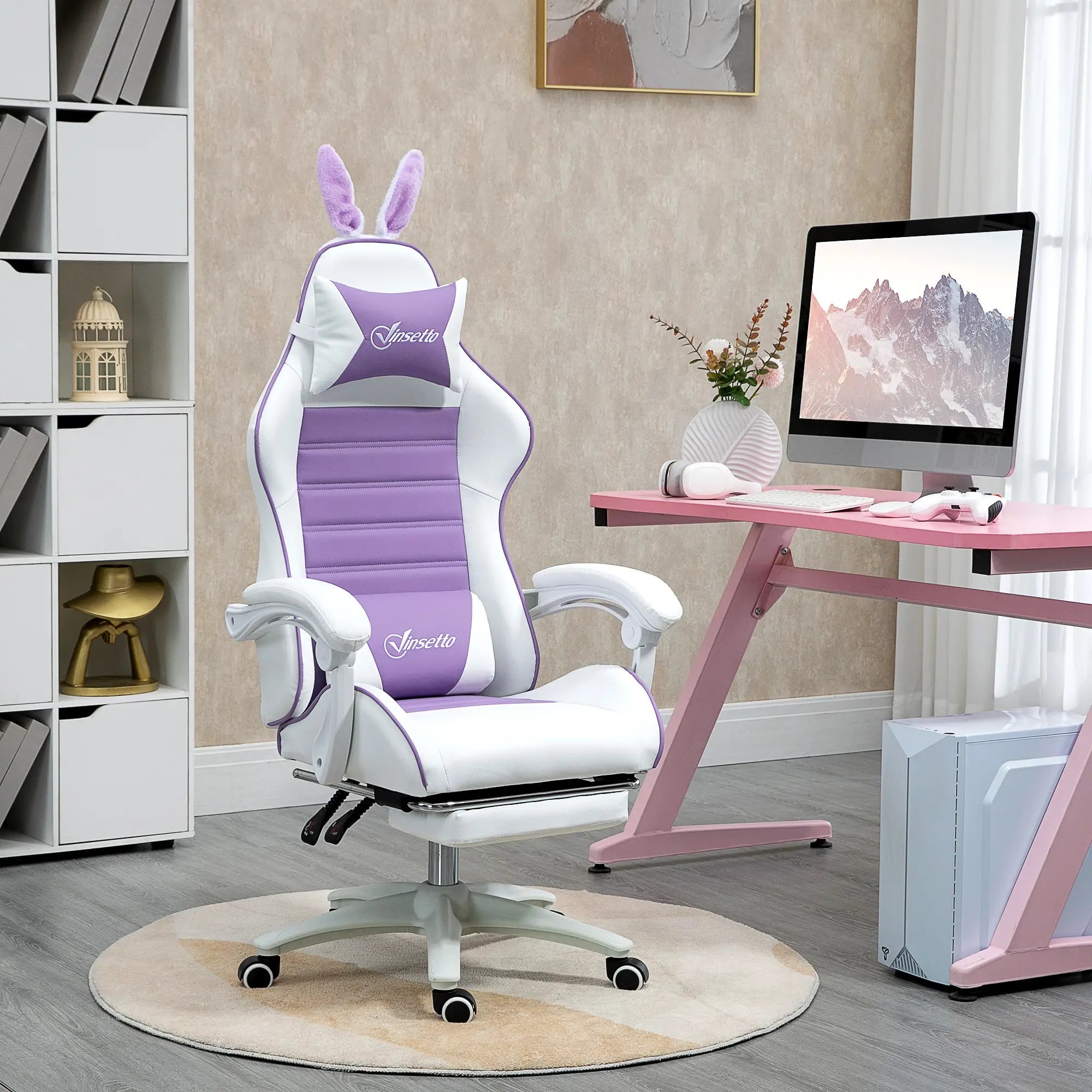 Racing Gaming Chair, Reclining PU Leather Computer Chair with Removable Rabbit Ears, Footrest, Headrest and Lumber Support, Purple Bargain Clearance Centre