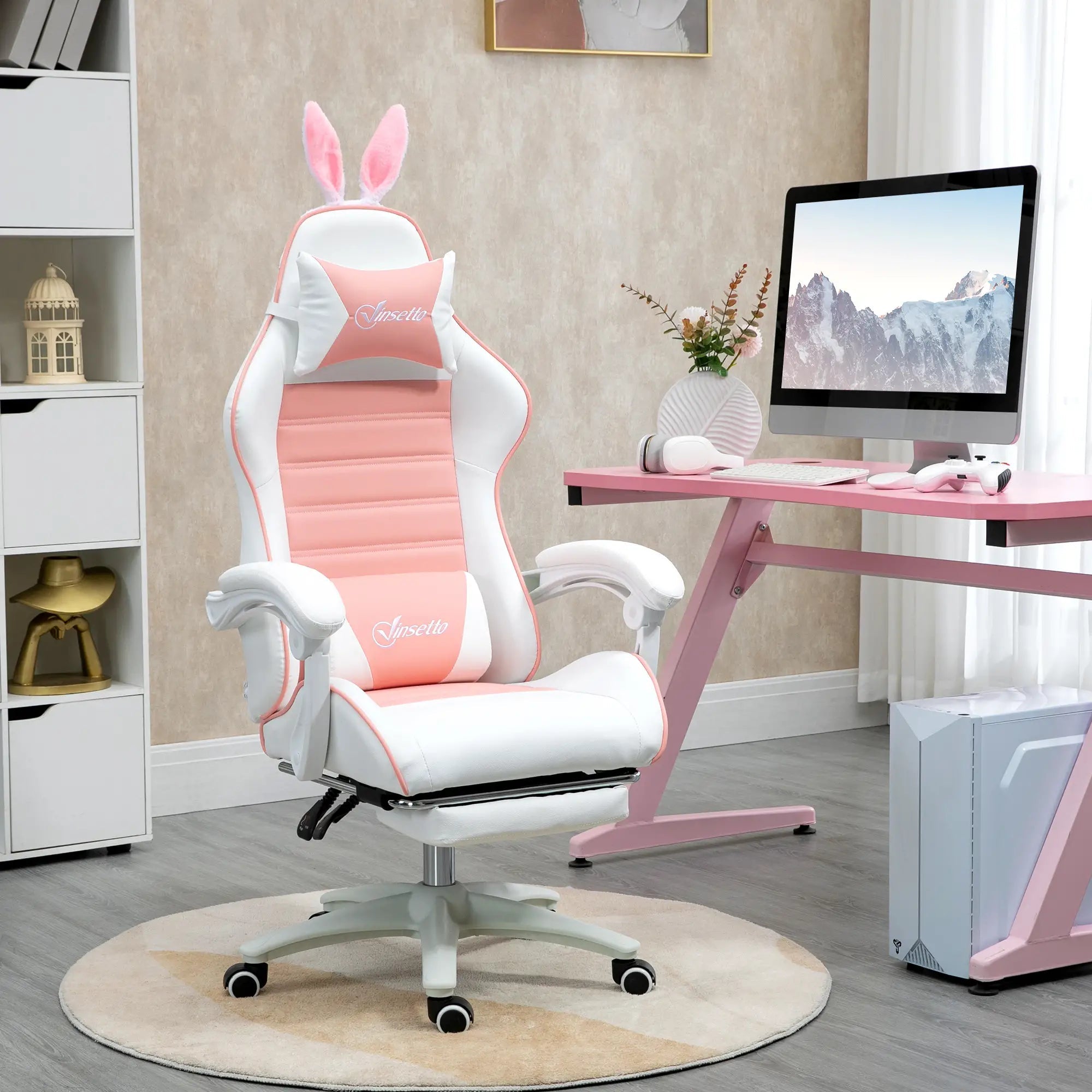 Racing Gaming Chair, Reclining PU Leather Computer Chair with Removable Rabbit Ears, Footrest, Headrest and Lumber Support, Pink Bargain Clearance Centre