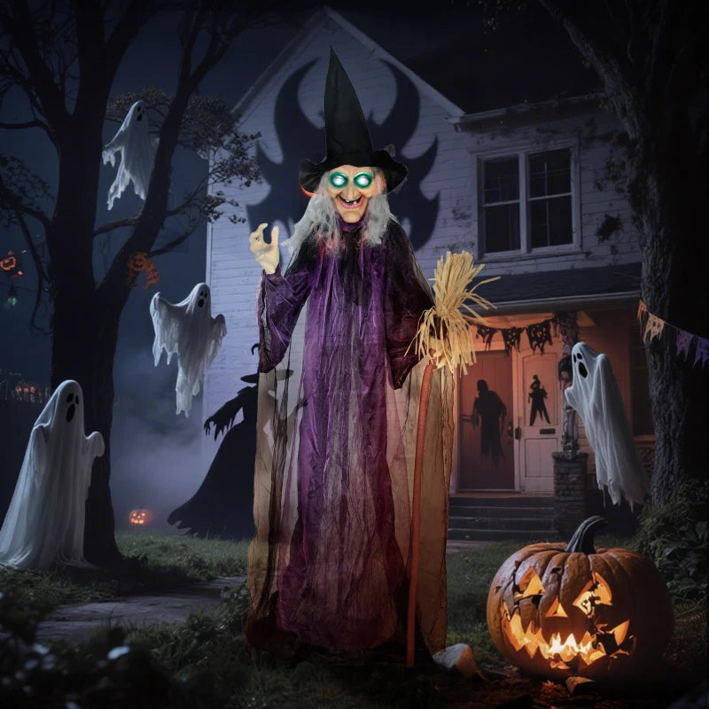 183 cm Life Size Halloween Animated Standing Witch & Broomstick with Glowing LED Eyes, Spooky Witch Scary Halloween Decorations, Battery Operated, Indoor Party Props