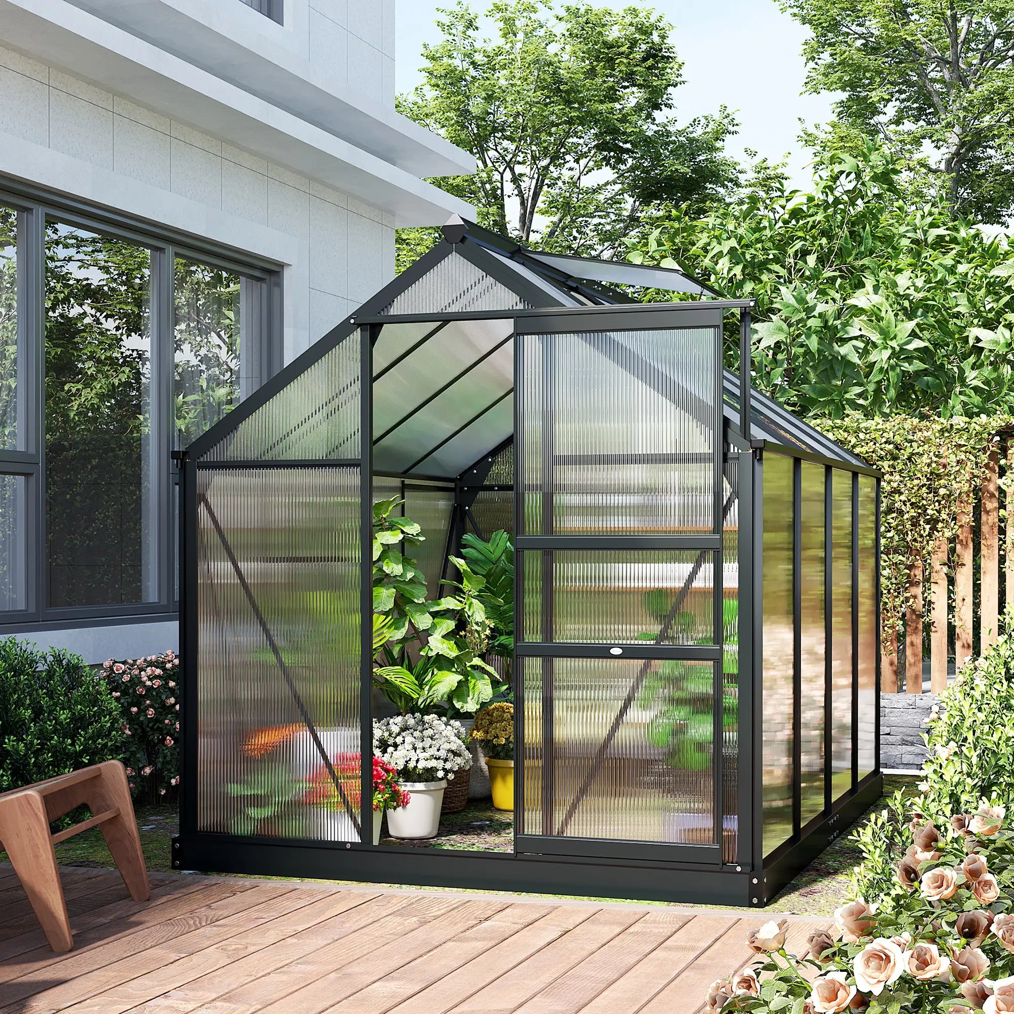 6 x 8ft Polycarbonate Greenhouse, Large Walk-In Green House with Slide Door and Window, Garden Plants Grow House with Aluminium Frame and Foundation, Grey