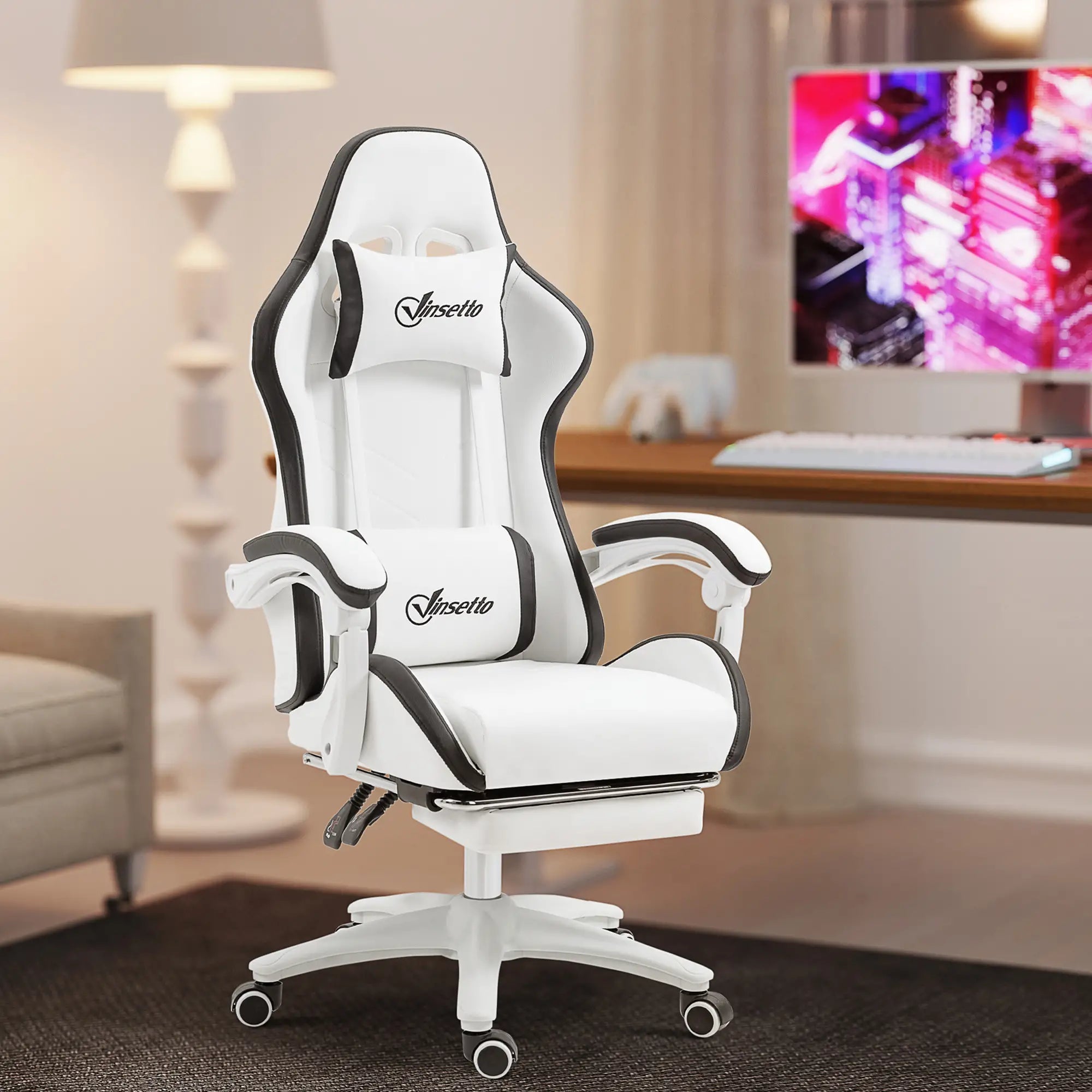 Computer Gaming Chair, PU Leather Desk Chair with Footrest, Swivel Task Chair with 135° Reclining Back and Lumbar Support, PC Chair for Adults, White and Black Bargain Clearance Centre