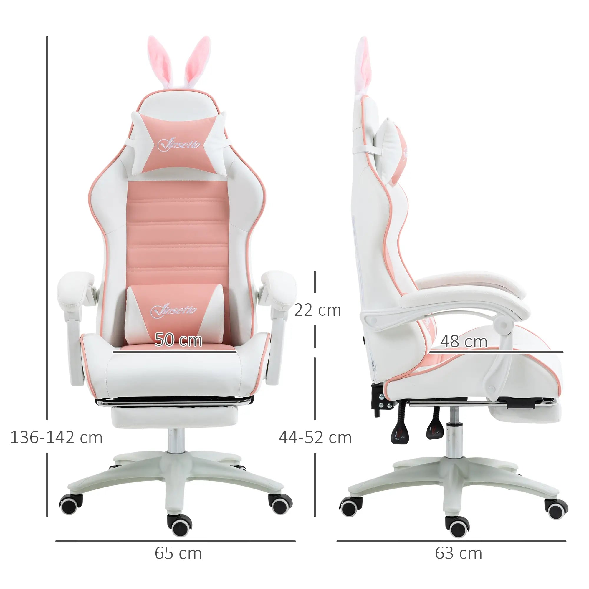 Racing Gaming Chair, Reclining PU Leather Computer Chair with Removable Rabbit Ears, Footrest, Headrest and Lumber Support, Pink Bargain Clearance Centre