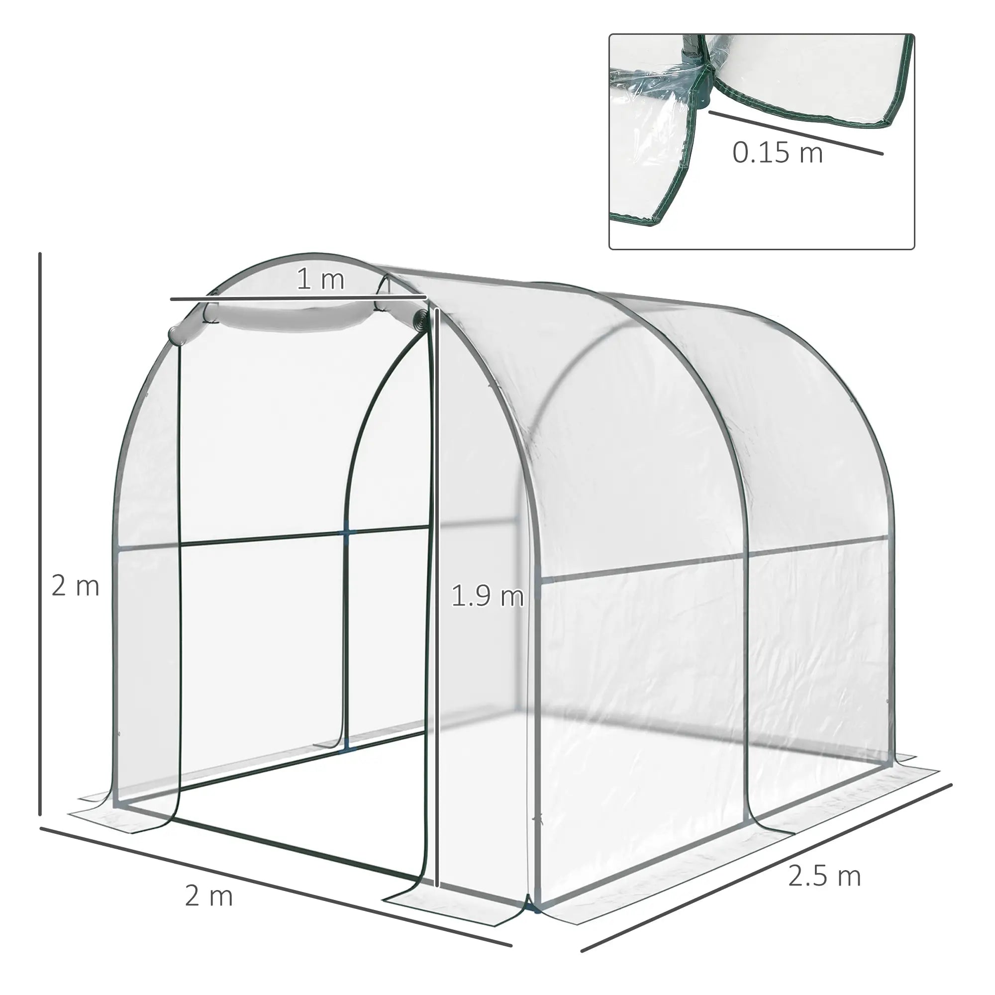 Walk-in Polytunnel Greenhouse with Roll-up Door Transparent Tunnel Greenhouse with Steel Frame and PVC Cover, 2.5 x 2m