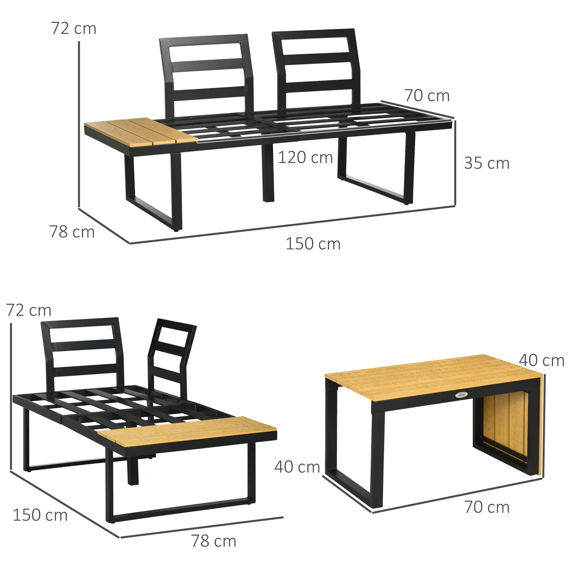 3 Pieces Patio Furniture Set, Outdoor Garden Sofa Conversation Set w/ Padded Cushions, Wood Grain Plastic Top Table and Side Panel, Dark Grey