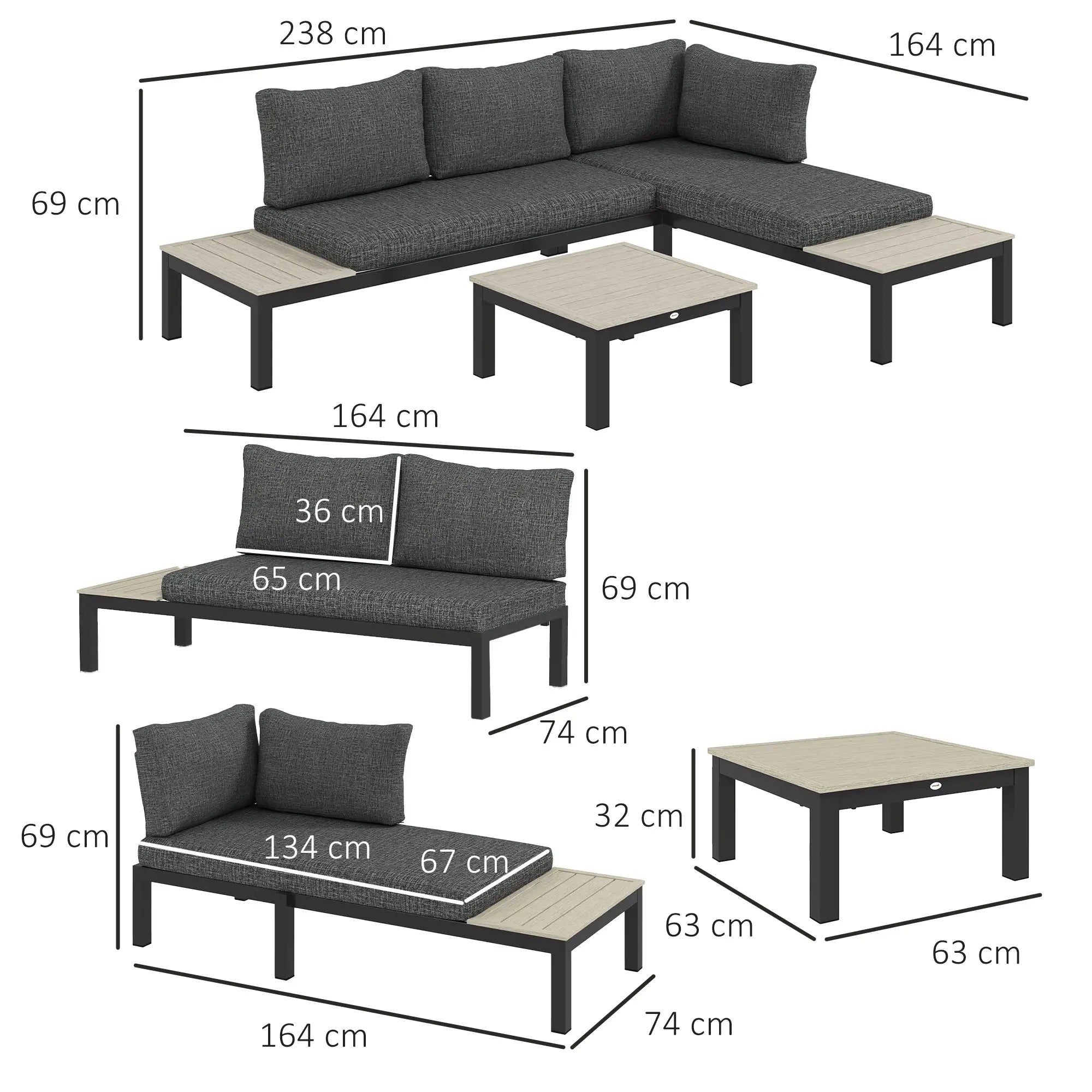 3 Pieces Garden Furniture Set, Aluminium 4 Seater Corner Sofa Set with 2 Loveseats, Coffee Table and Side Trays, Outdoor Conversation Furniture with Cushions for Garden, Dark Grey