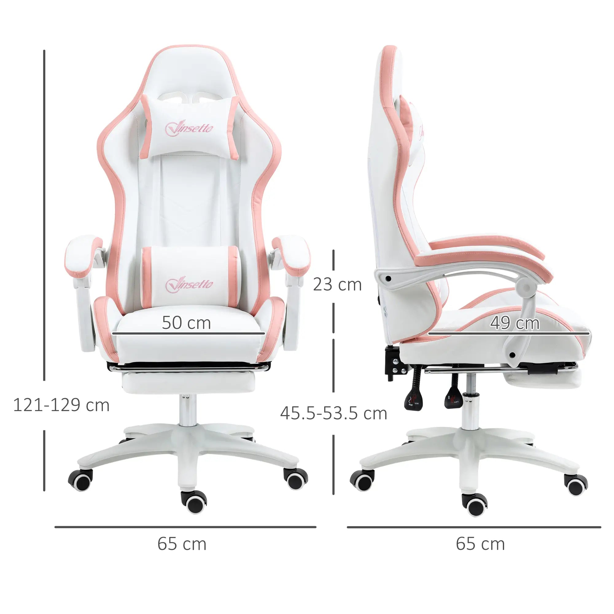 Computer Gaming Chair, PU Leather Desk Chair with Footrest, Swivel Task Chair with 135° Reclining Back and Lumbar Support, PC Chair for Adults, White and Pink Bargain Clearance Centre