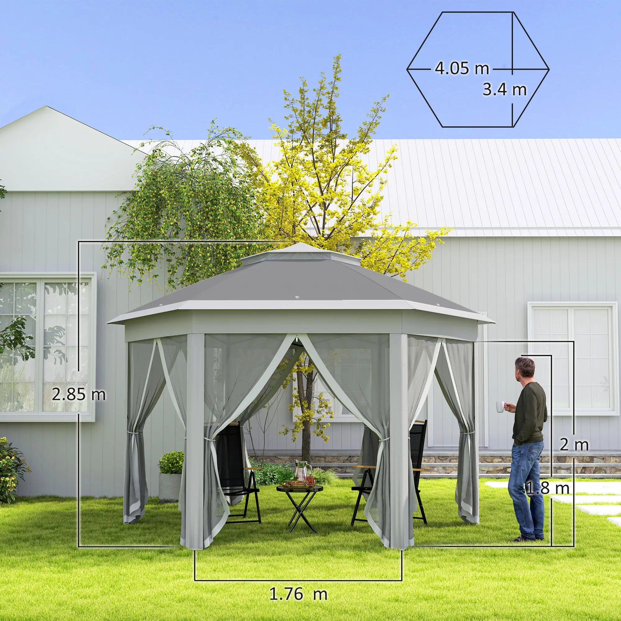 3 x 4m Garden Gazebo Hexagon Pop Up Gazebo Party Tent Canopy Double Roof Instant Shelter with Netting and Carry Bag for Outdoor Patio, Dark Grey