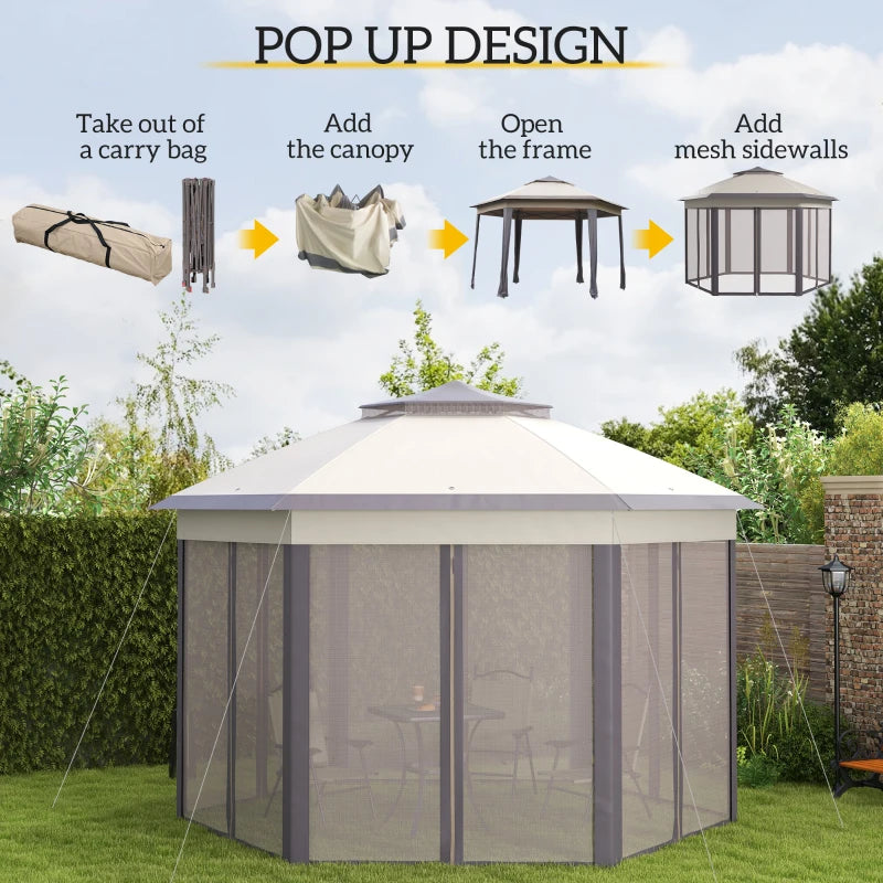 3 x 4m Garden Gazebo Hexagon Pop Up Gazebo Party Tent Canopy Double Roof Instant Shelter with Netting and Carry Bag for Outdoor Patio, Beige