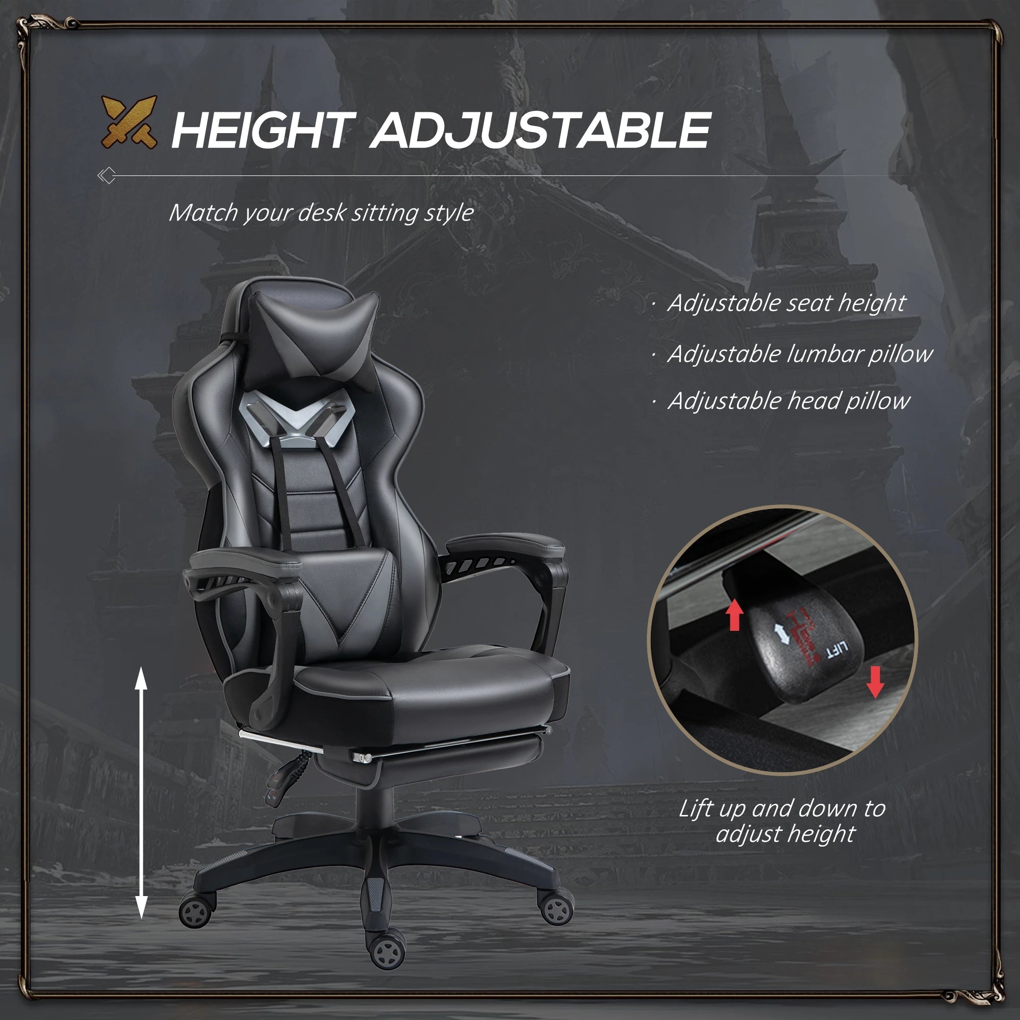 Computer Gaming Chair, Racing Desk Chair with Lumbar Support and Footrest, PU Leather Gamer Chair with Headrest and Swivel Wheels for Home, Grey Bargain Clearance Centre