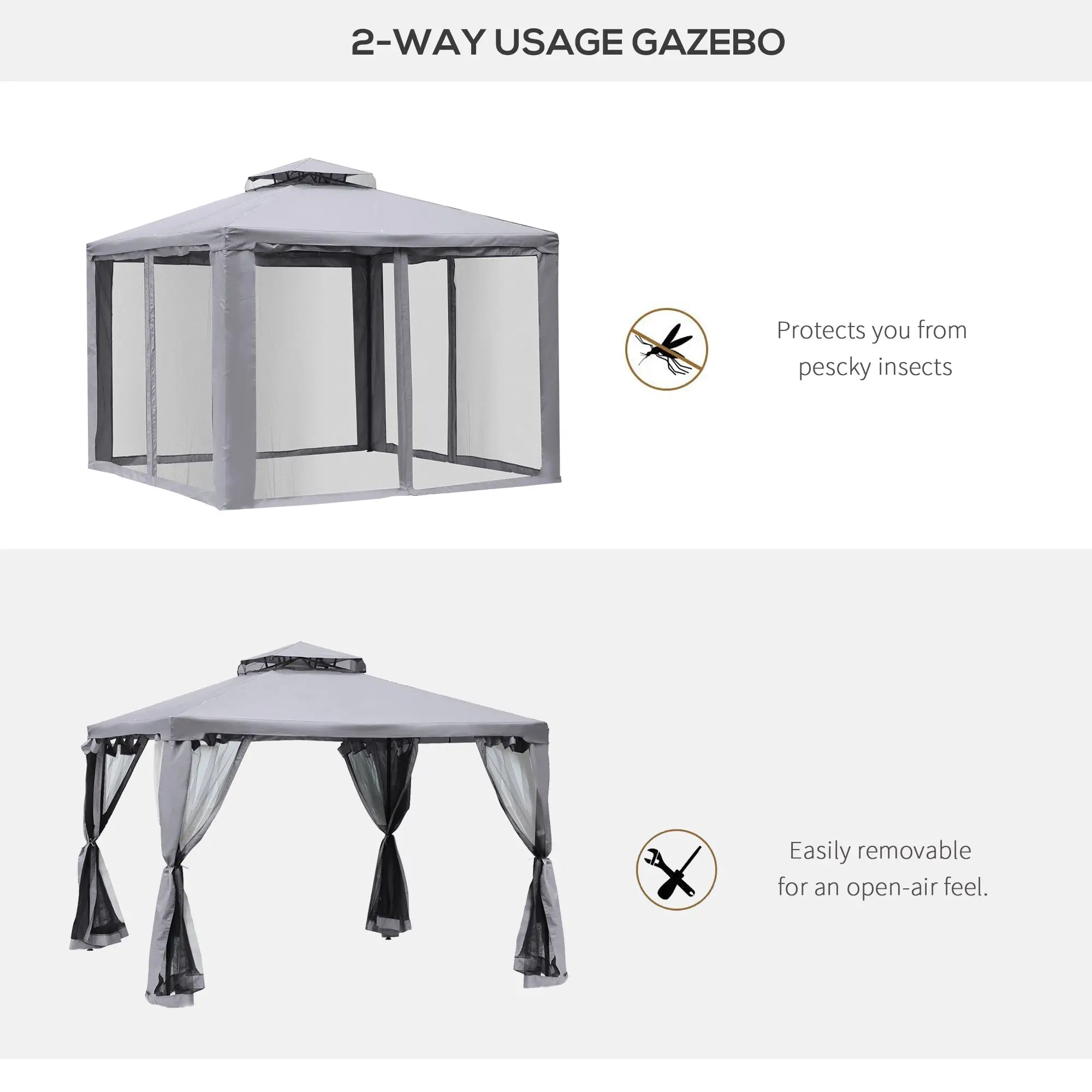 3 x 3 m Metal Gazebo, Garden Pavillion, Double Roof Outdoor Canopy Shelter with Mesh Sidewalls, Grey