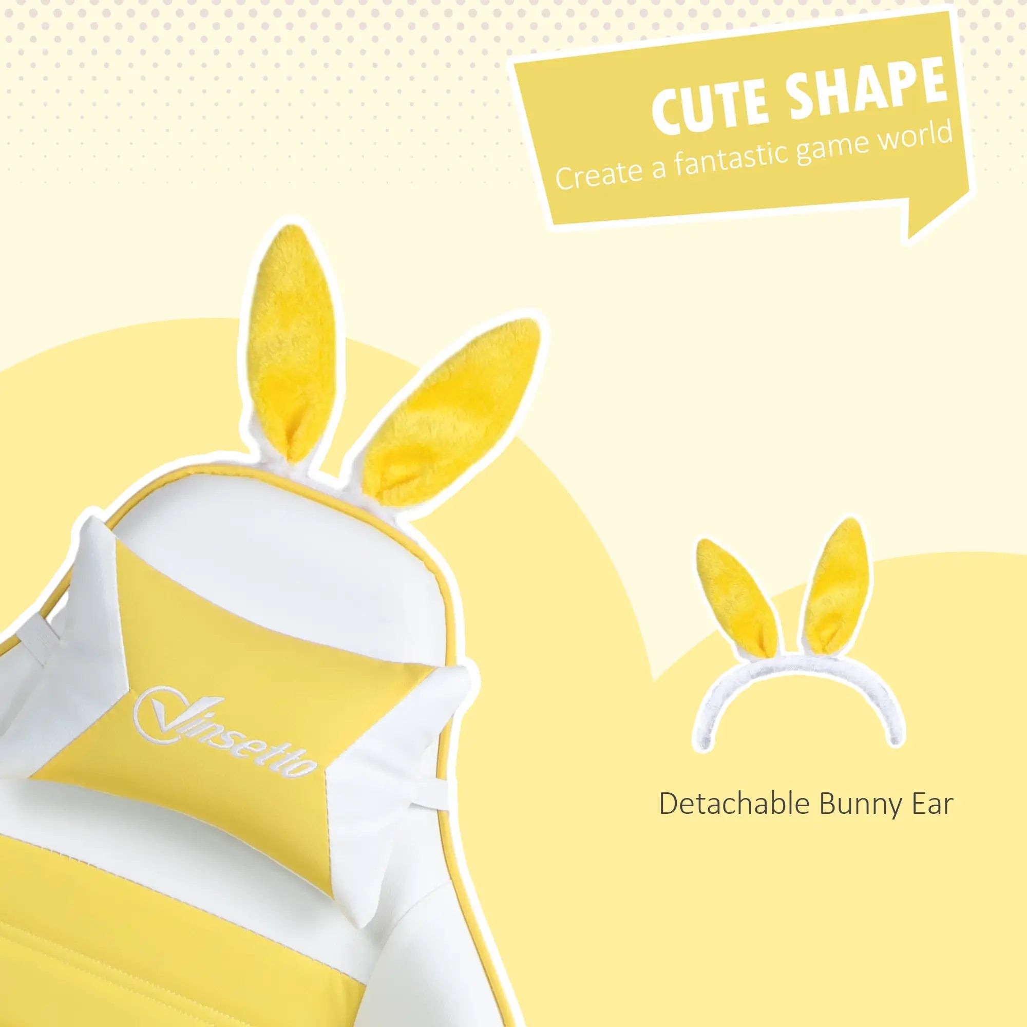 Racing Gaming Chair, Reclining PU Leather Computer Chair with Removable Rabbit Ears, Footrest, Headrest and Lumber Support, Yellow Bargain Clearance Centre