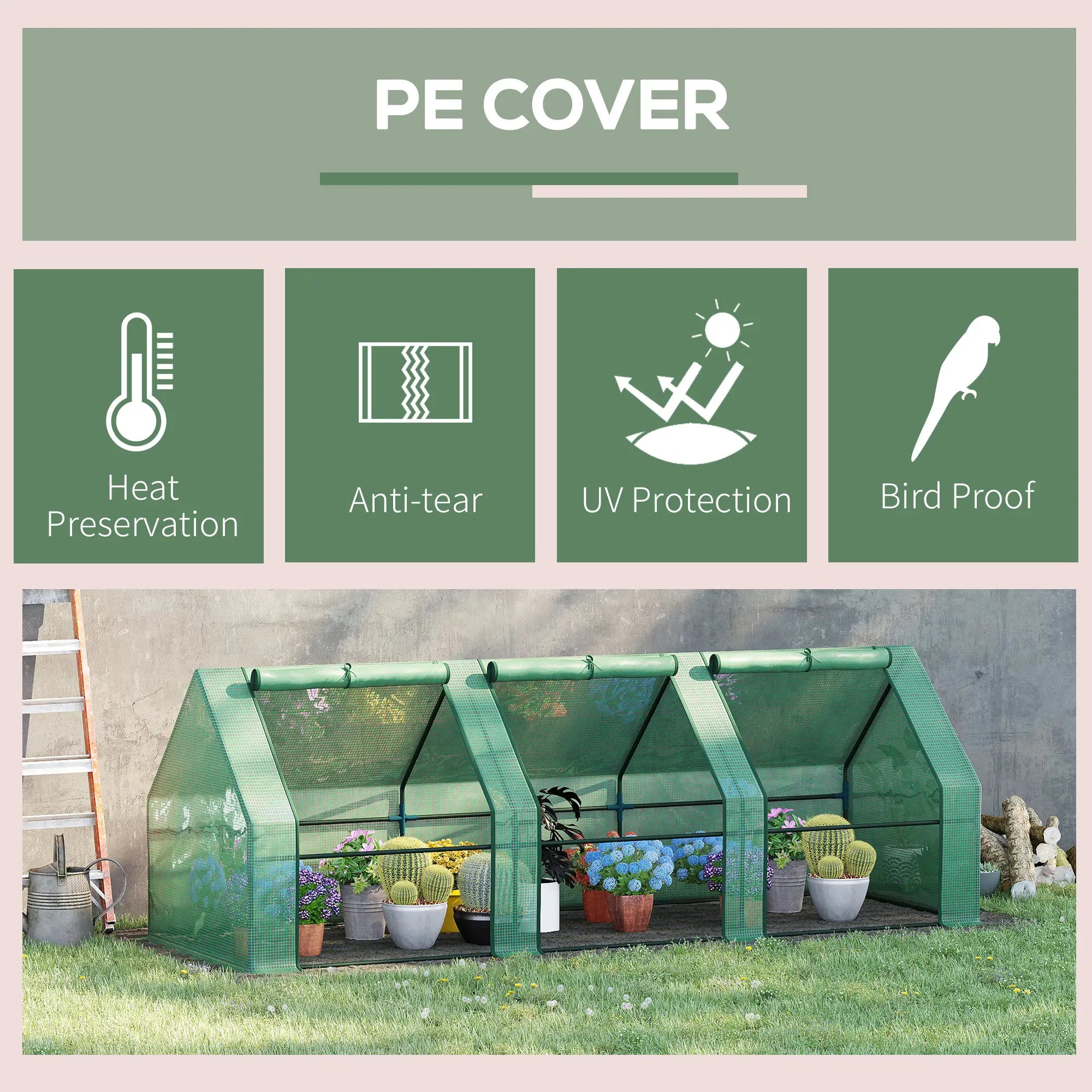 Mini Small Greenhouse with Steel Frame & PE Cover & Zipped Window Poly tunnel Steeple for Plants Vegetables, 270 x 90 x 90 cm, Green