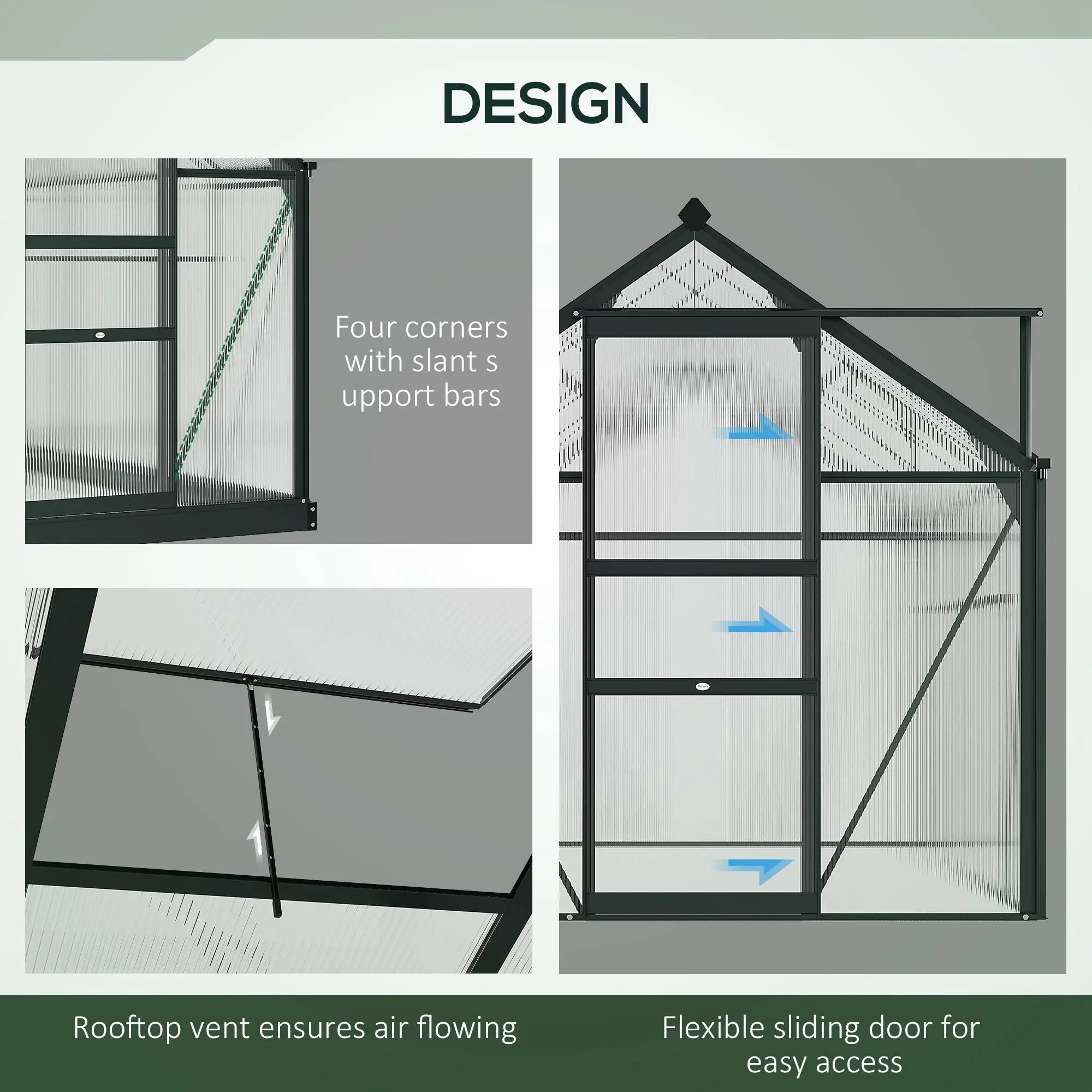 6 x 10ft Polycarbonate Greenhouse, Large Walk-In Green House with Slide Door and Window, Garden Plants Grow House with Aluminium Frame and Foundation, Grey