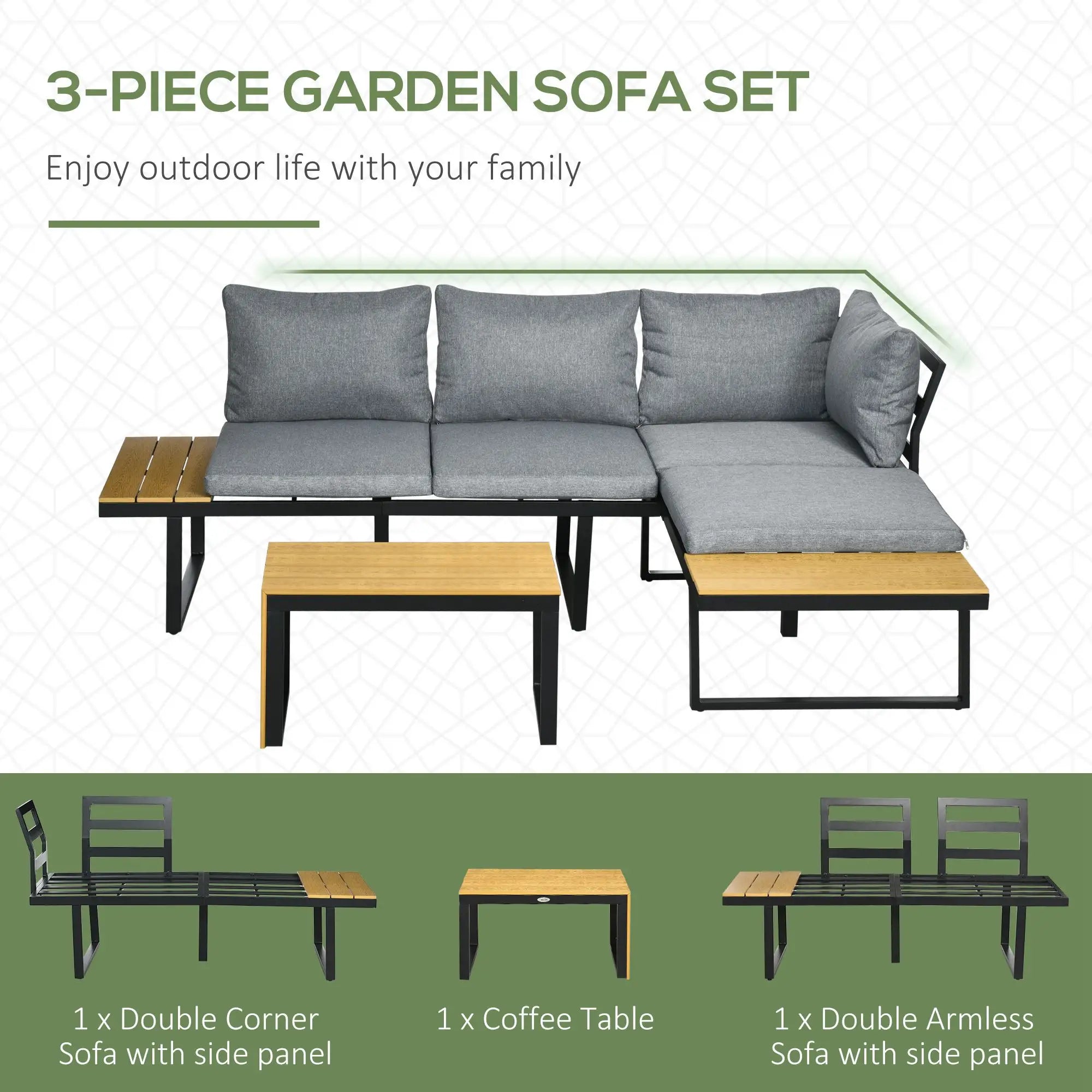 3 Pieces Patio Furniture Set, Outdoor Garden Sofa Conversation Set w/ Padded Cushions, Wood Grain Plastic Top Table and Side Panel, Dark Grey