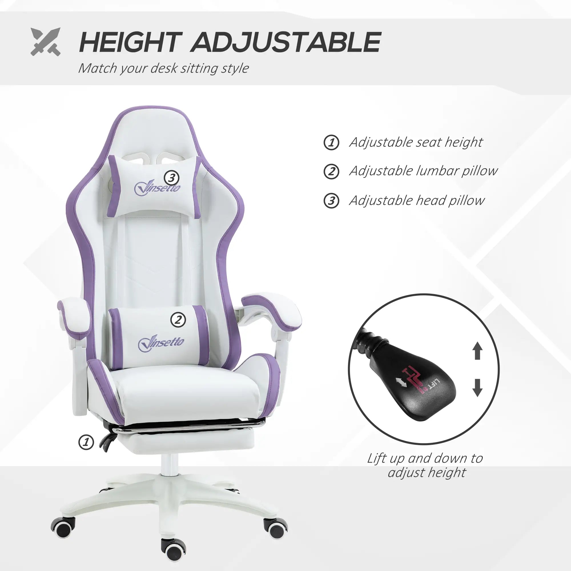 Computer Gaming Chair, PU Leather Desk Chair with Footrest, Swivel Task Chair with 135° Reclining Back and Lumbar Support, PC Chair for Adults, White and Purple Bargain Clearance Centre