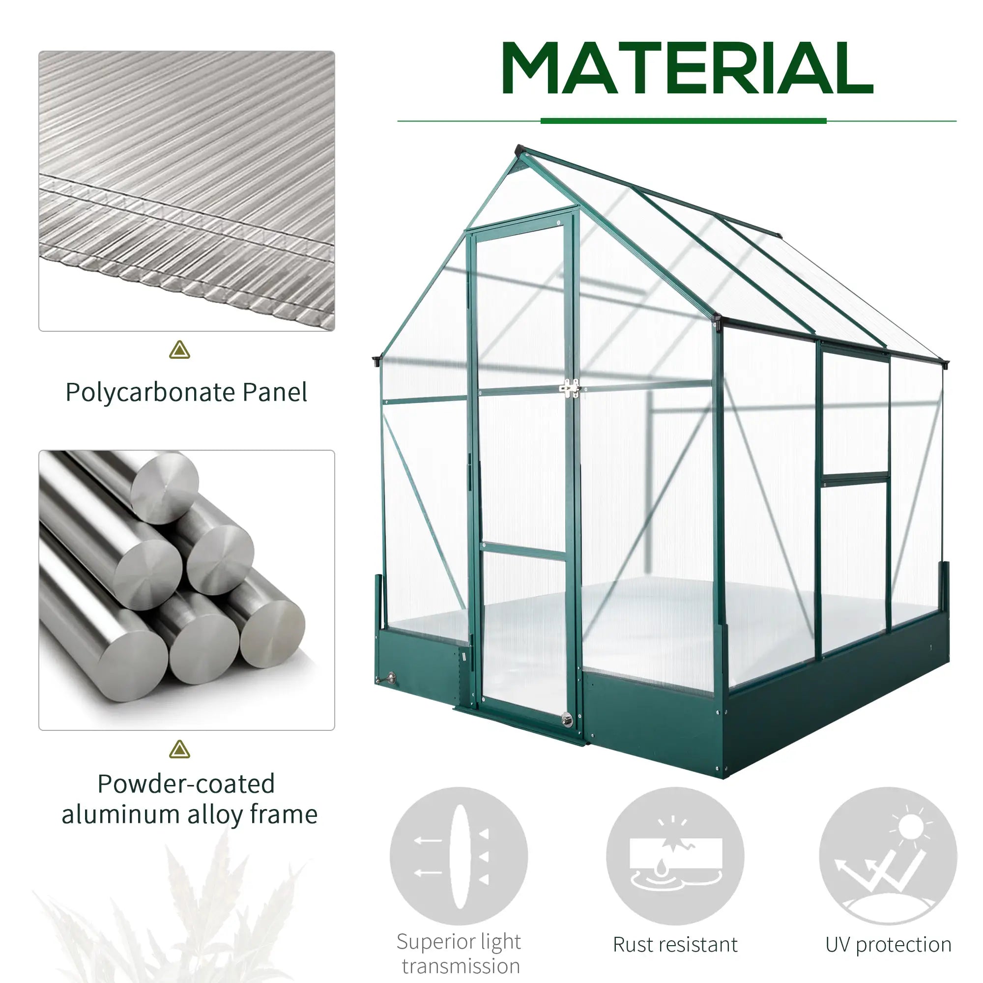 6x6 FT Polycarbonate Greenhouse with Base and Raised Bed, Walk-in Greenhouse with Aluminium Frame, Temperature Controlled Window, Foundation for Plants, Flowers, Vegetable