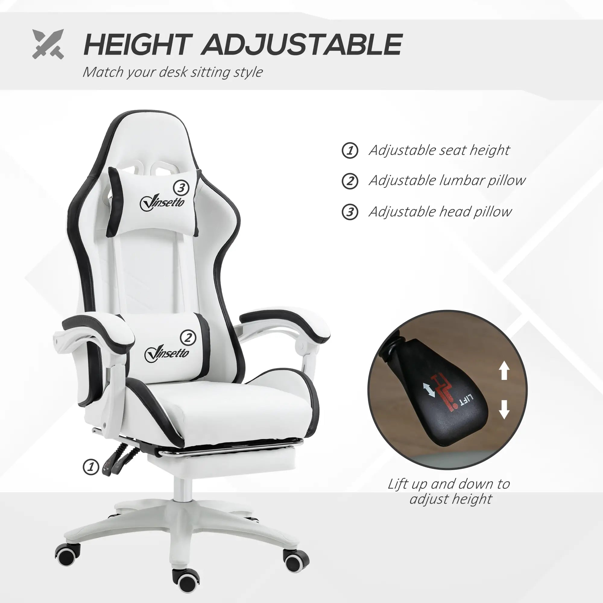 Computer Gaming Chair, PU Leather Desk Chair with Footrest, Swivel Task Chair with 135° Reclining Back and Lumbar Support, PC Chair for Adults, White and Black Bargain Clearance Centre