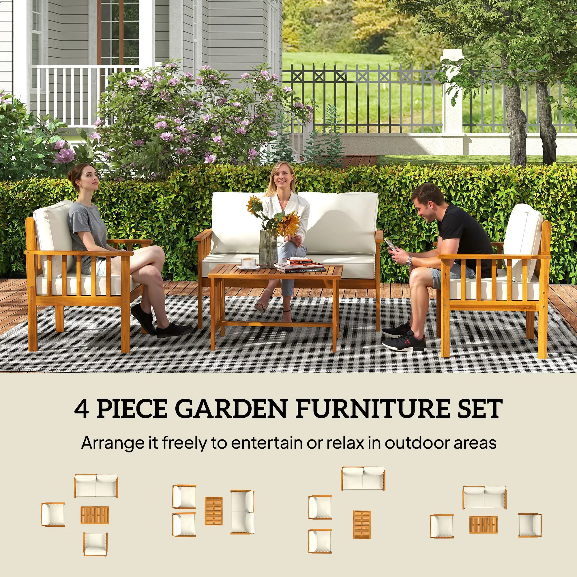 Four-Piece Acacia Wood Garden Sofa Set - Teak/Cream