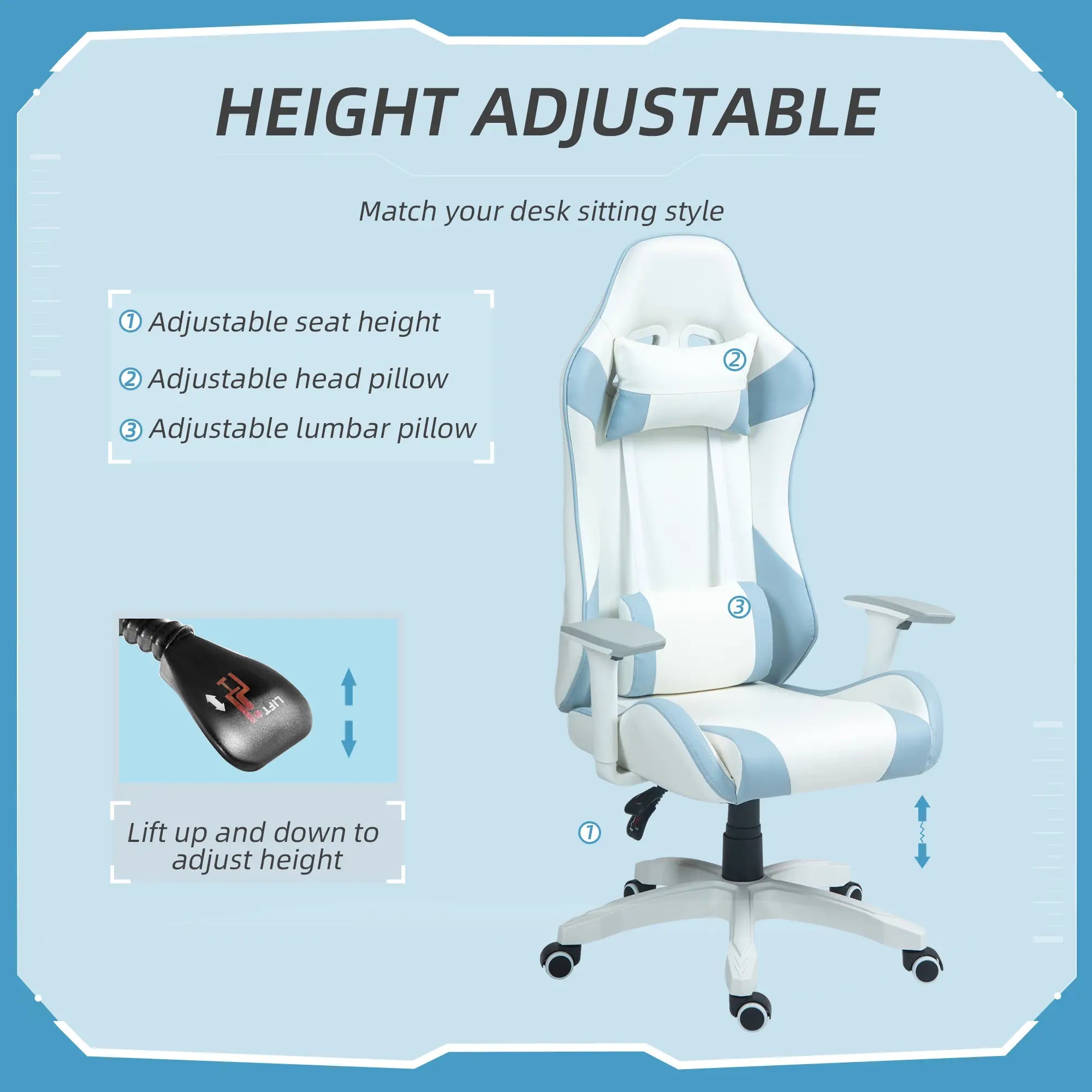 Faux Leather Colour Block Gaming Chair, with 135° Reclining Back - Blue/White Bargain Clearance Centre