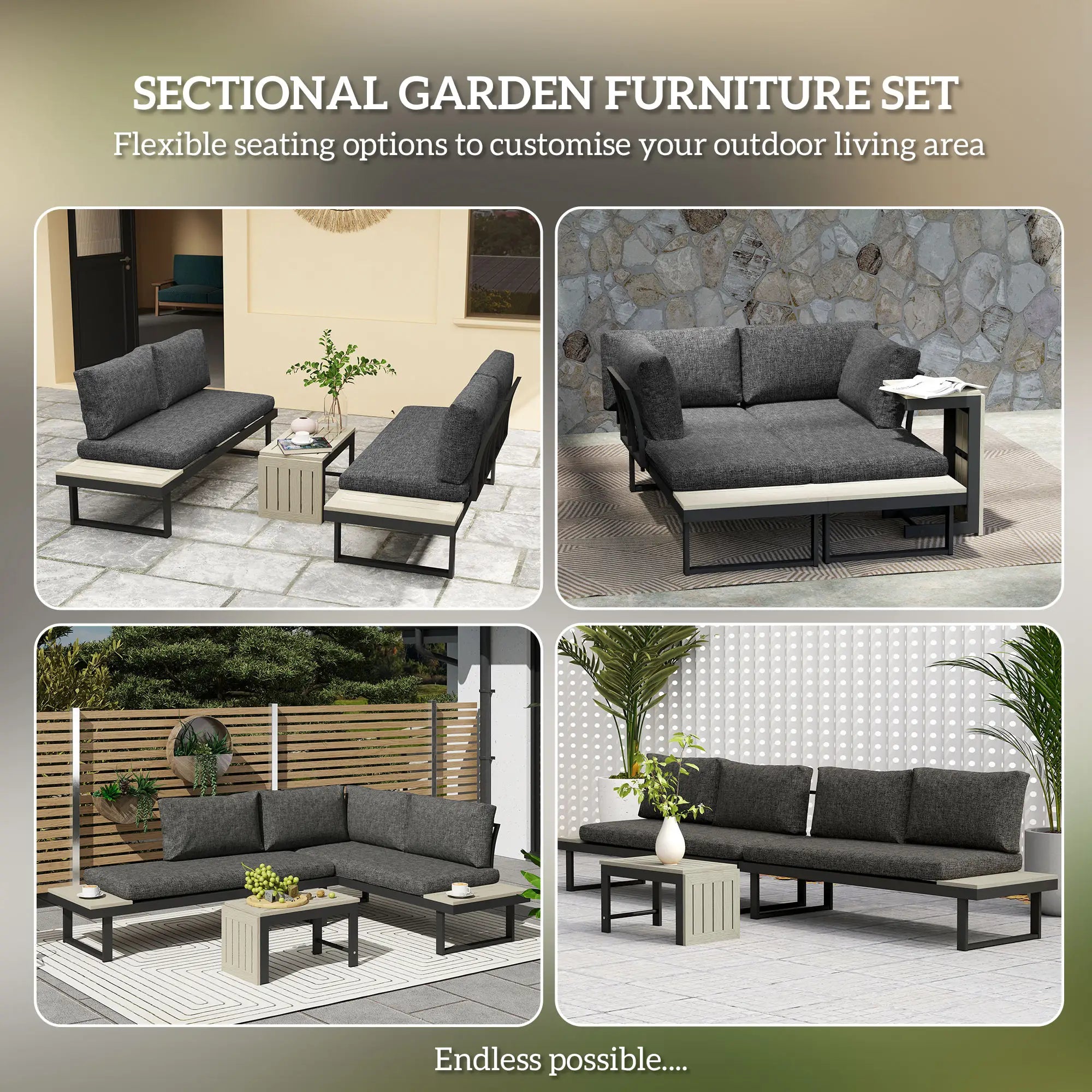 4 Seater L Shaped Aluminium Sectional Garden Furniture Set with 2 Loveseats and Wood-Plastic Coffee Table - Dark Grey
